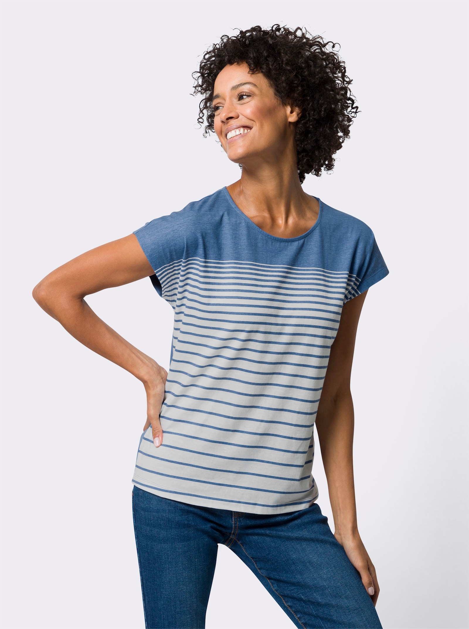 Rundhalsshirt mit Ringelmuster - mittelblau-ecru-bedruckt