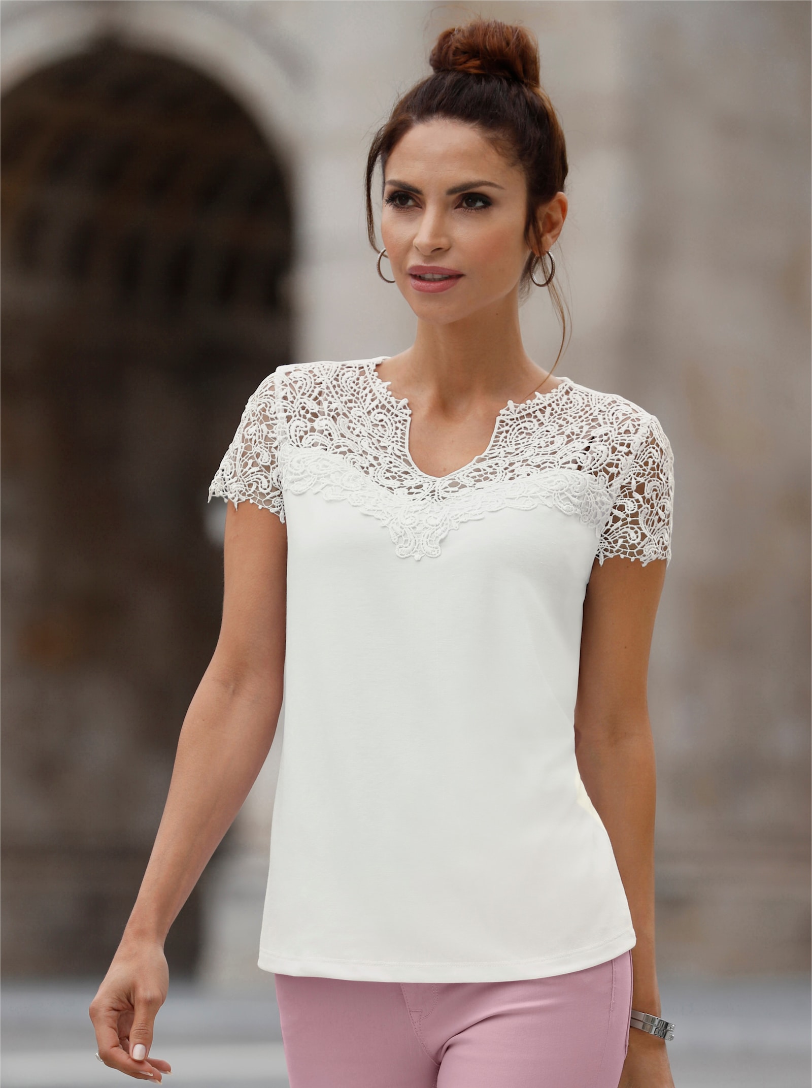 Shirt met transparant kant - ecru