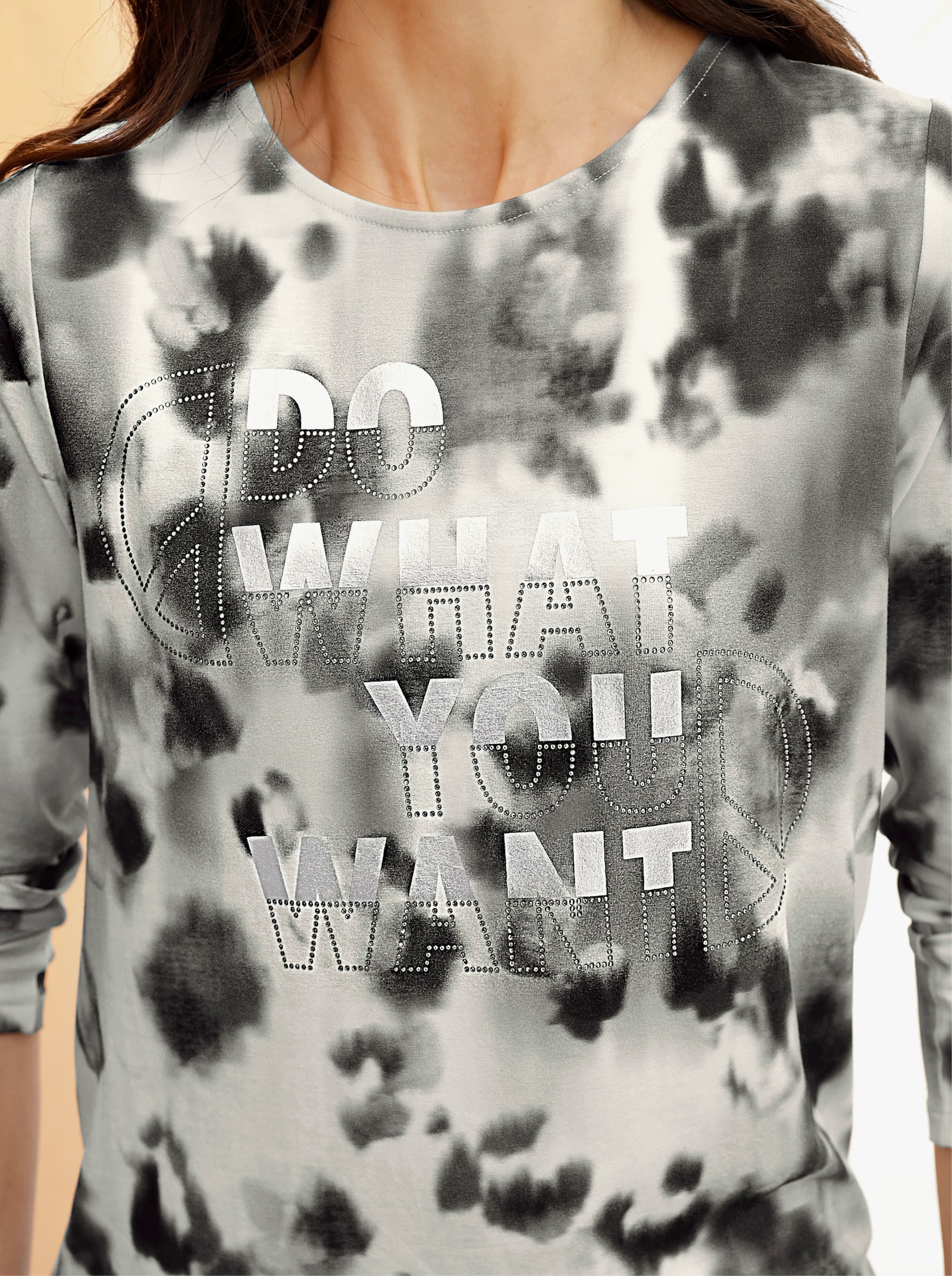 heine T-shirt à manches longues avec petites pierres fantaisie - écru-noir imprimé