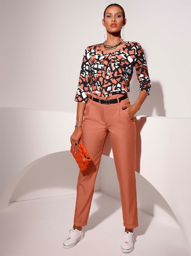 Druckbluse mit Falten am Ausschnitt - papaya-schwarz-bedruckt