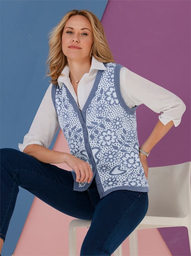 Strickweste - ecru-taubenblau-gemustert