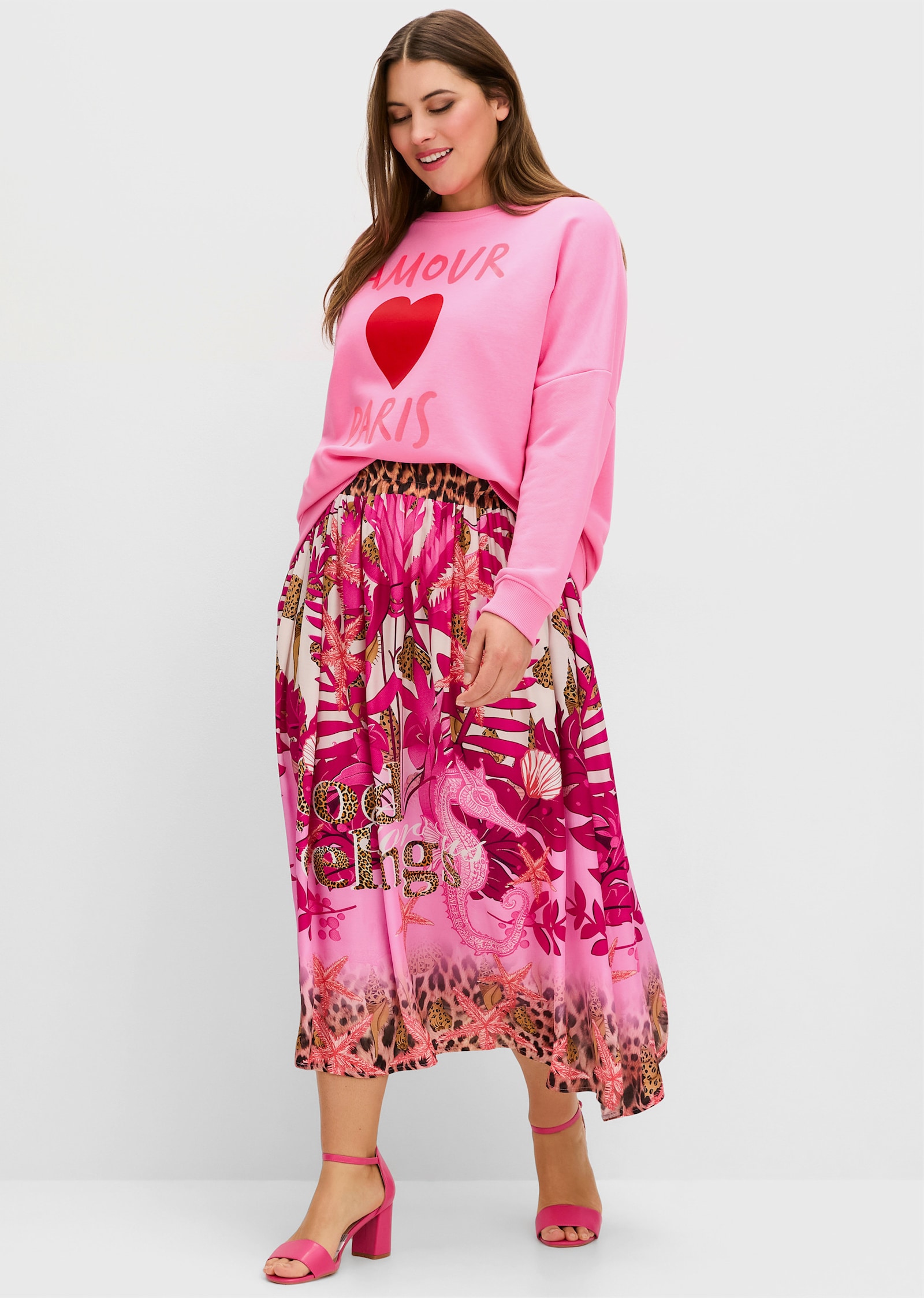 sheego loves miss goodlife Satinrock im Mustermix, mit Gummizugbund - pink gemustert