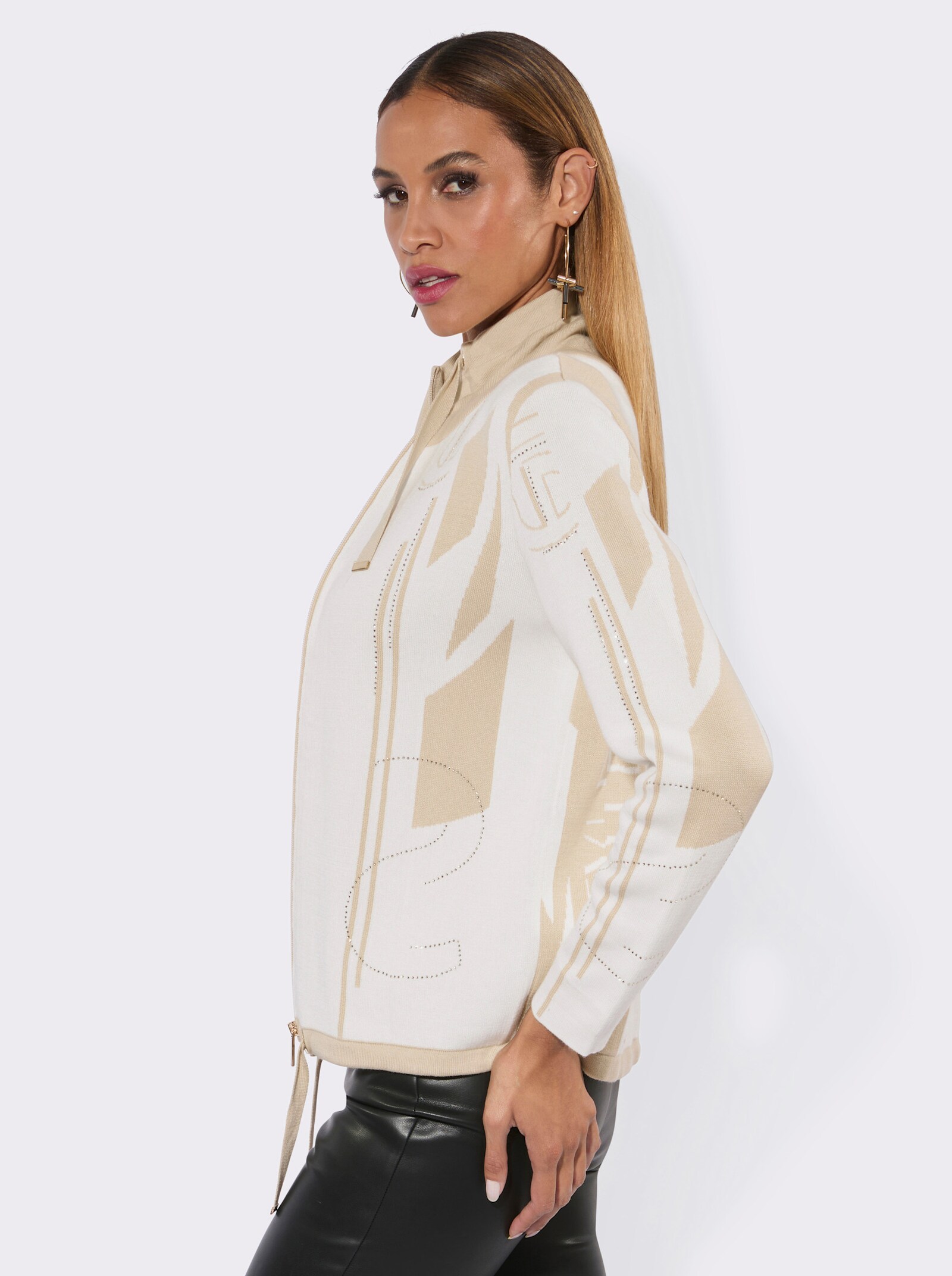 Jacquardstrickjacke mit Reißverschluss - sand-ecru-gemustert