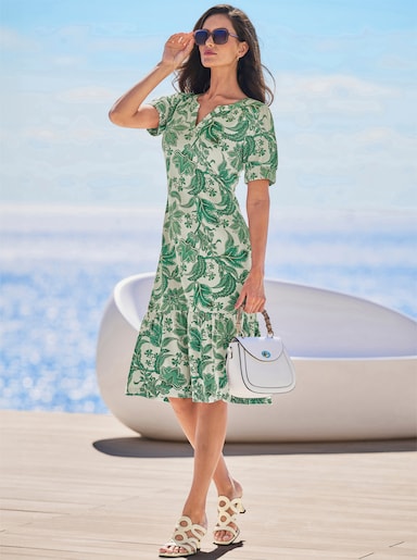heine Druckkleid mit Puffärmeln - champagner-grasgrün-bedruckt