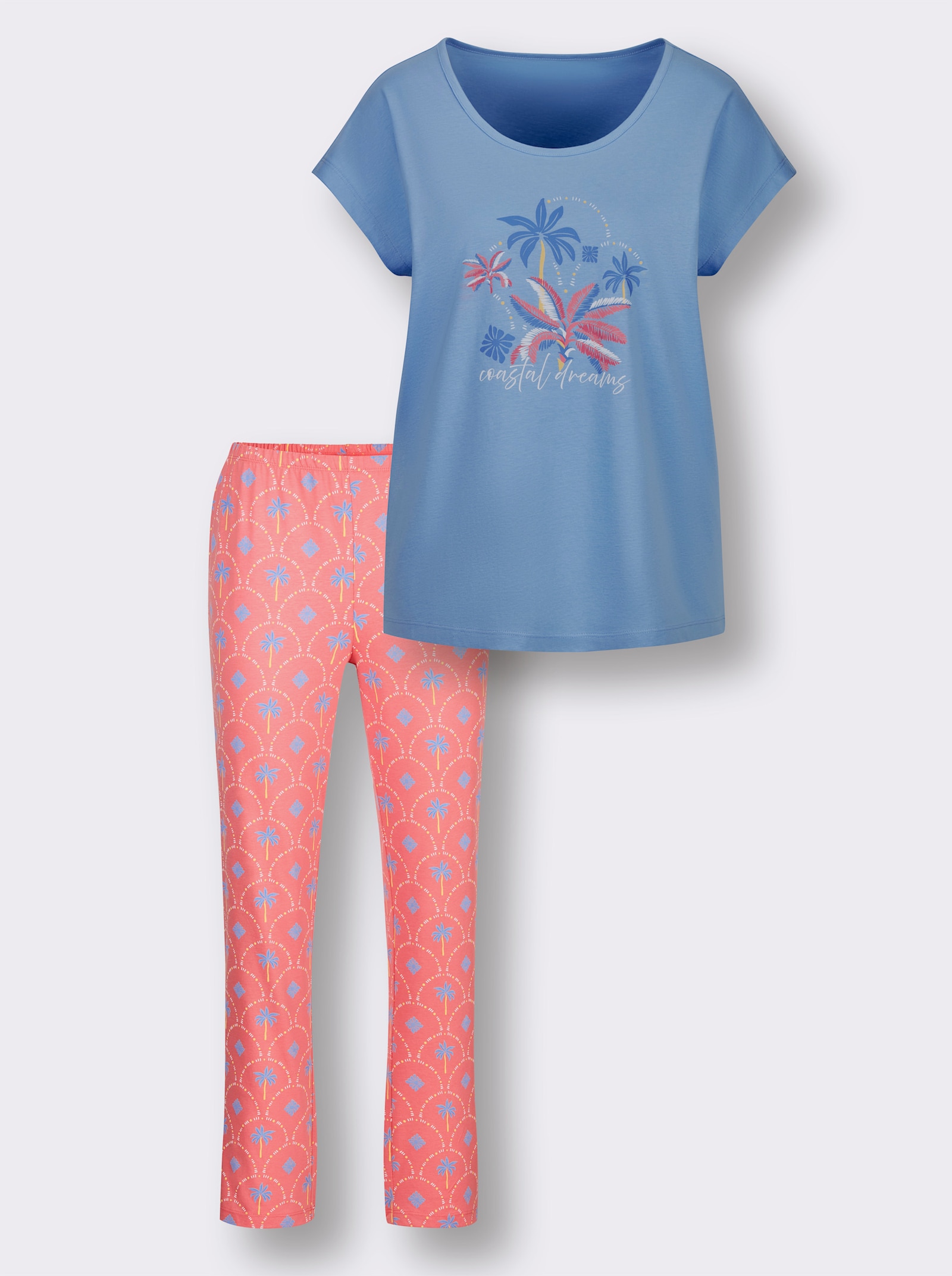 wäschepur Schlafanzug mit Palmen-Print - himmelblau-koralle-bedruckt