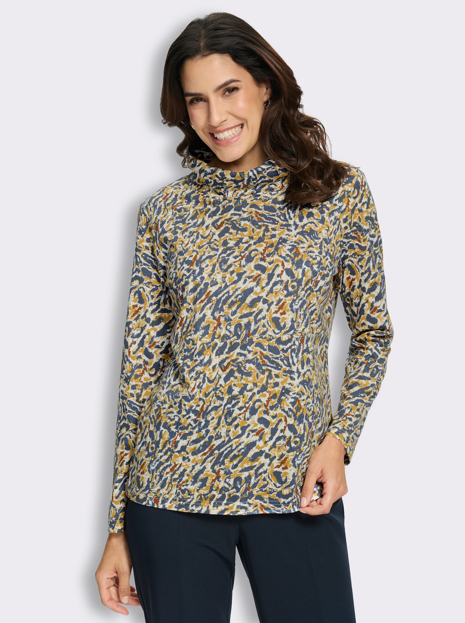Rollkragenshirt mit Alloverdruck - ecru-rauchblau-bedruckt