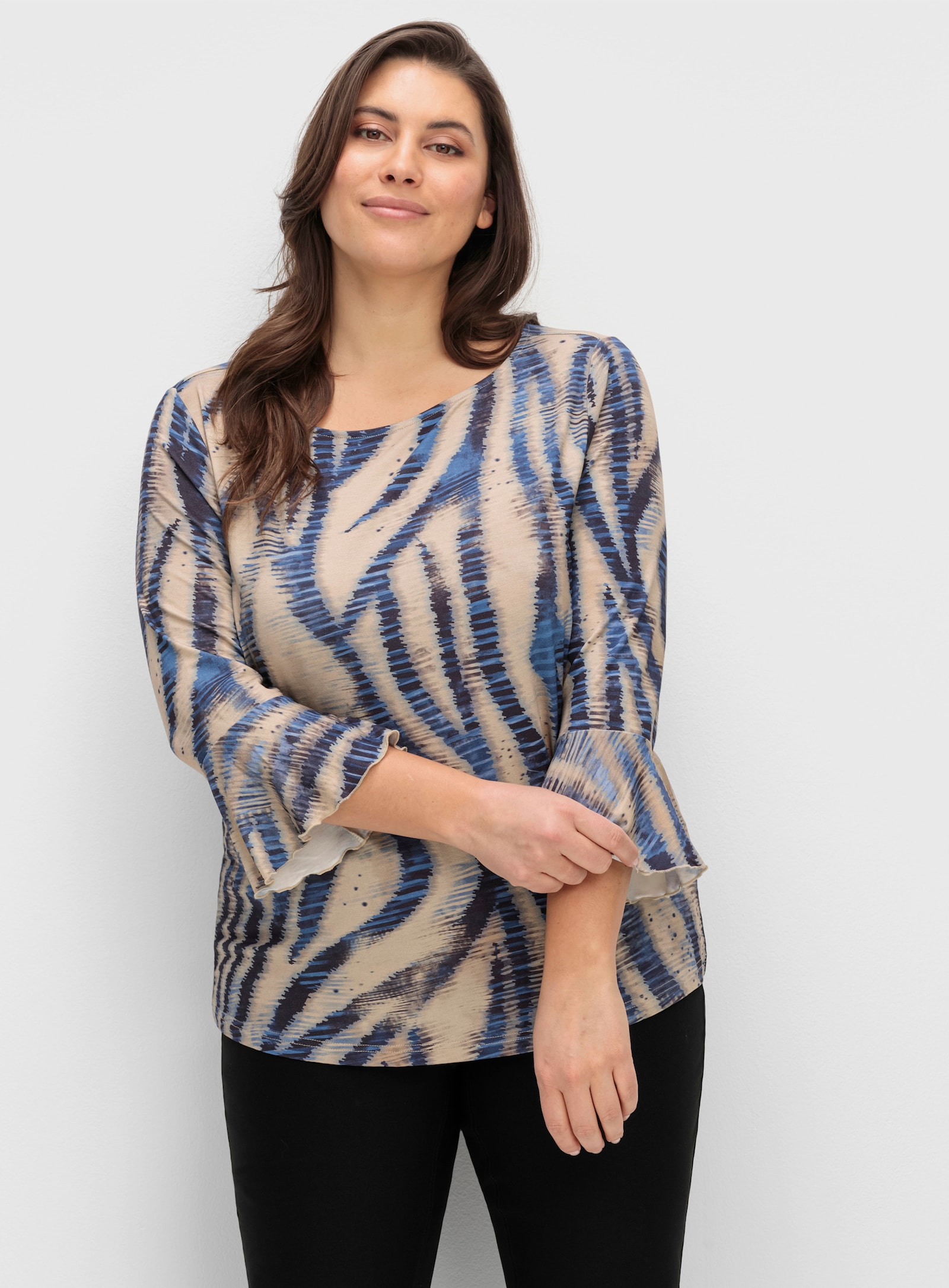 3/4-Arm-Shirt mit U-Boot-Ausschnitt - beige-marine-bedruckt