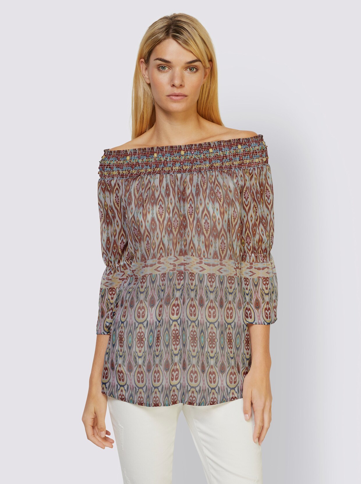 heine Druckbluse - papaya-khaki-bedruckt