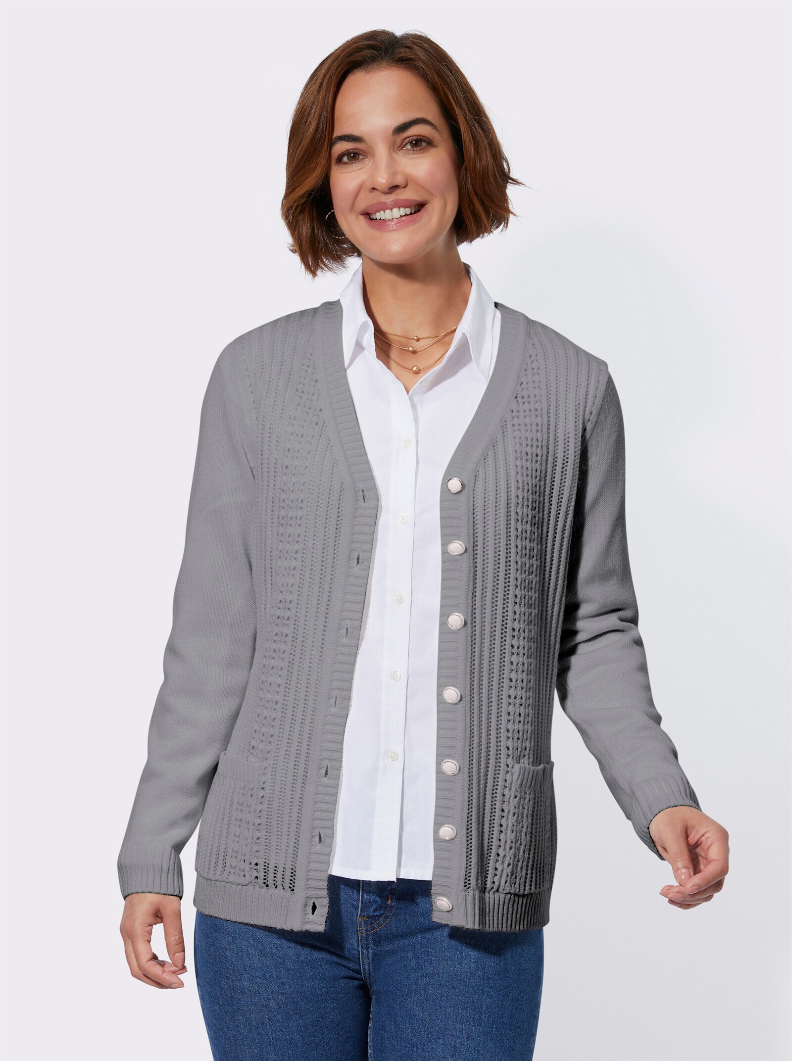 Ajourstrickjacke mit Strickmuster im Vorderteil - steingrau