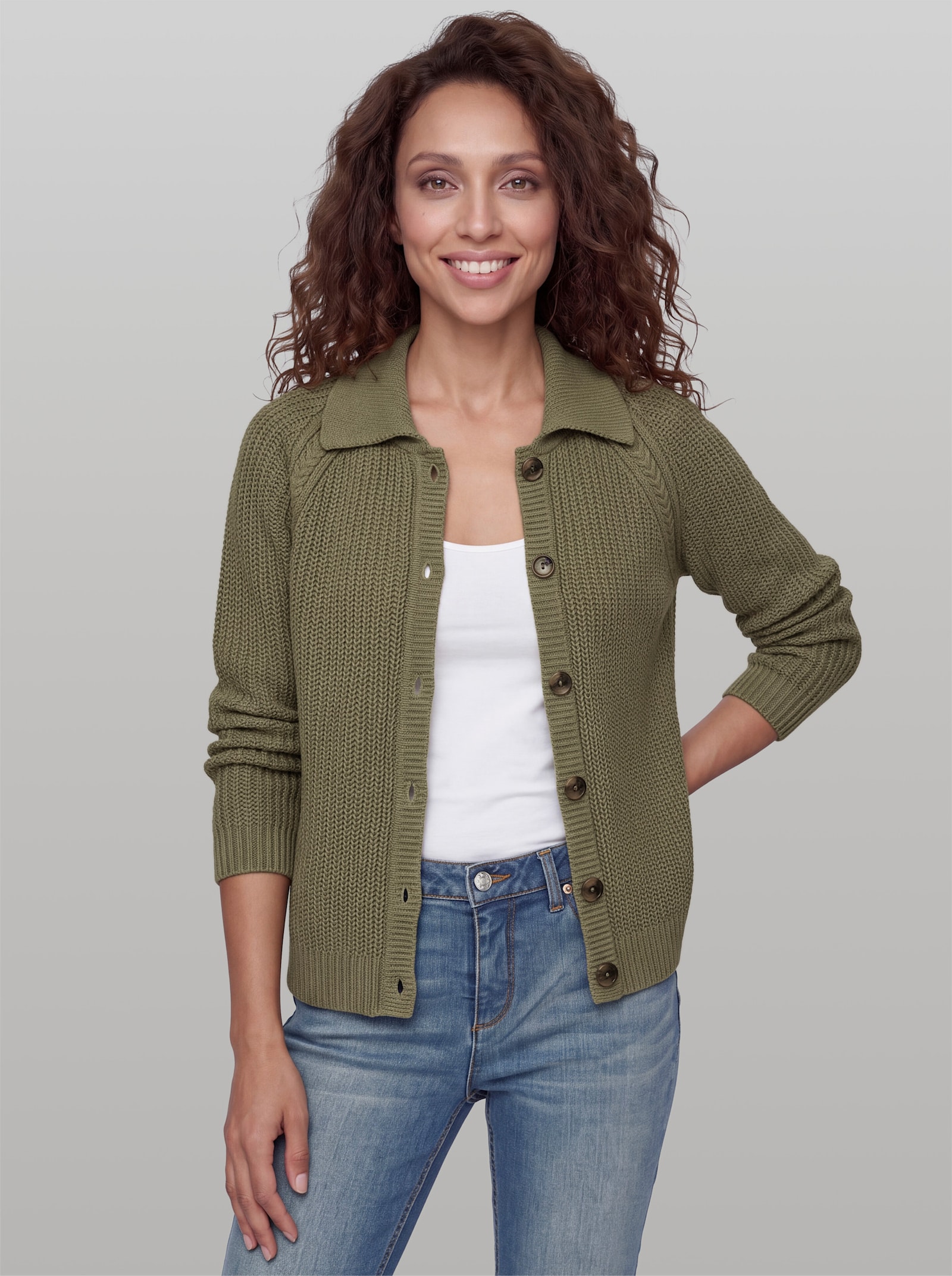 heine Strickjacke mit Polokragen - khaki