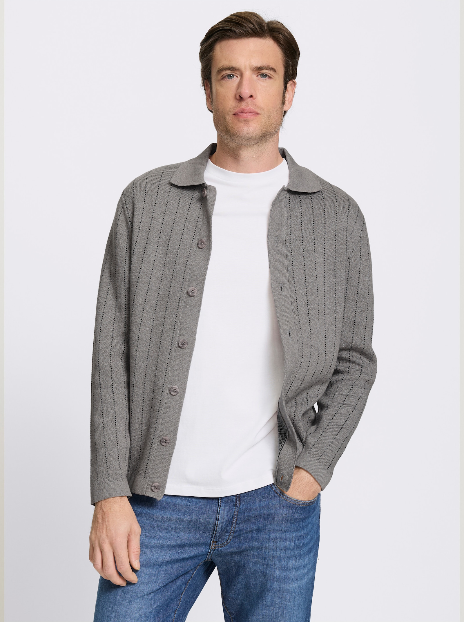 Marco Donati Strickjacke mit Jacquard-Muster, Baumwolle - grau-meliert
