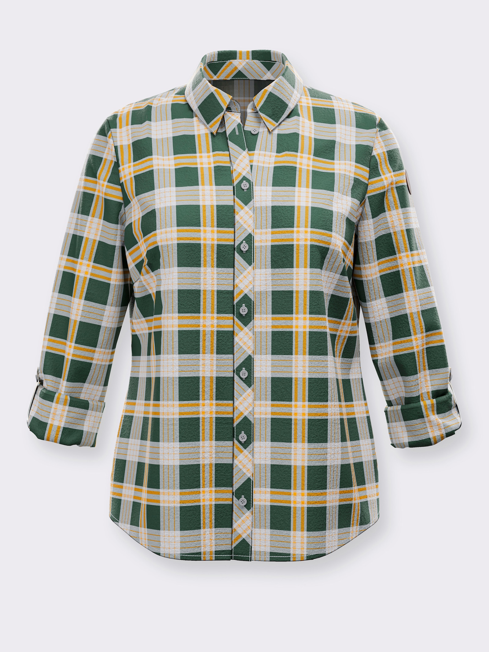  Flanellbluse mit abgerundetem Saum - moos-ecru-kariert