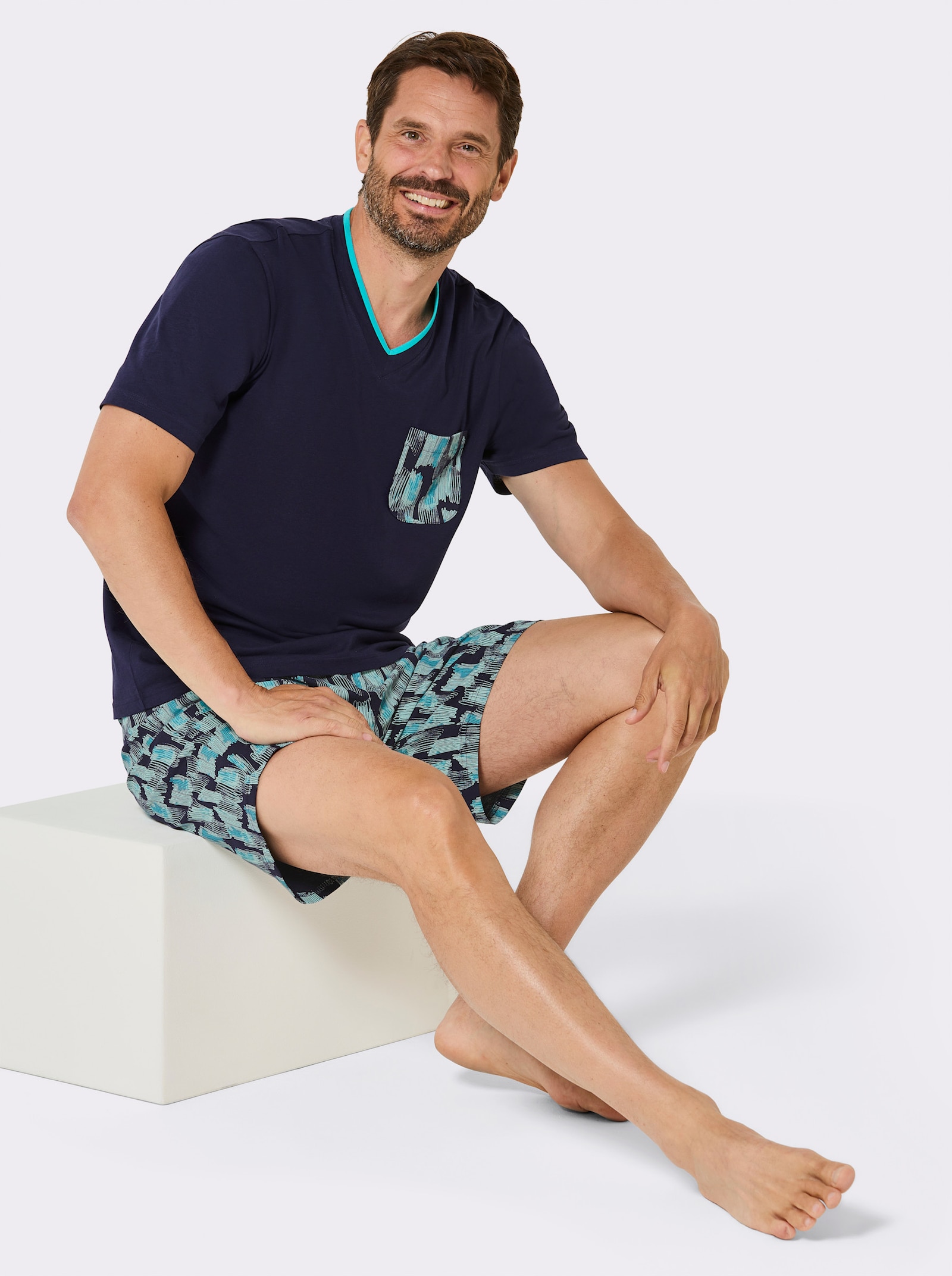 wäschepur men Shorty mit gemusterter Hose - marine-türkis-bedruckt