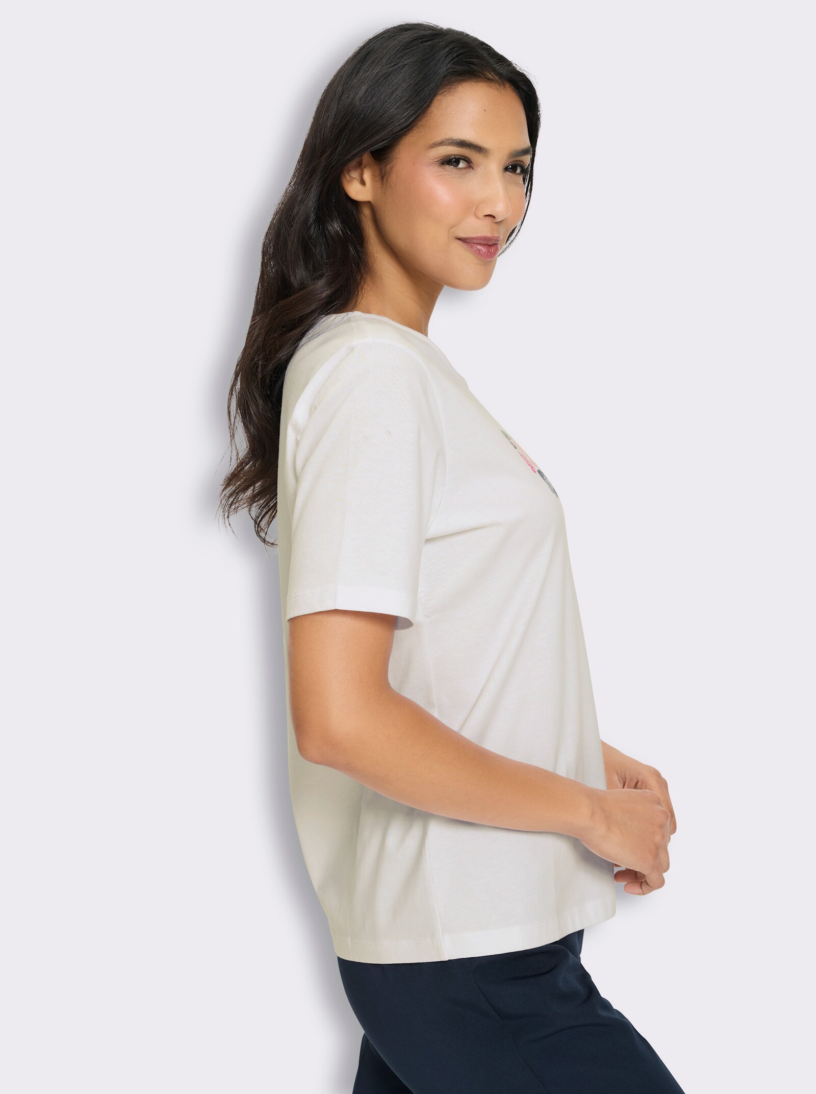 Kurzarmshirt mit Herz-Motiv aus Blüten - weiß-fuchsia