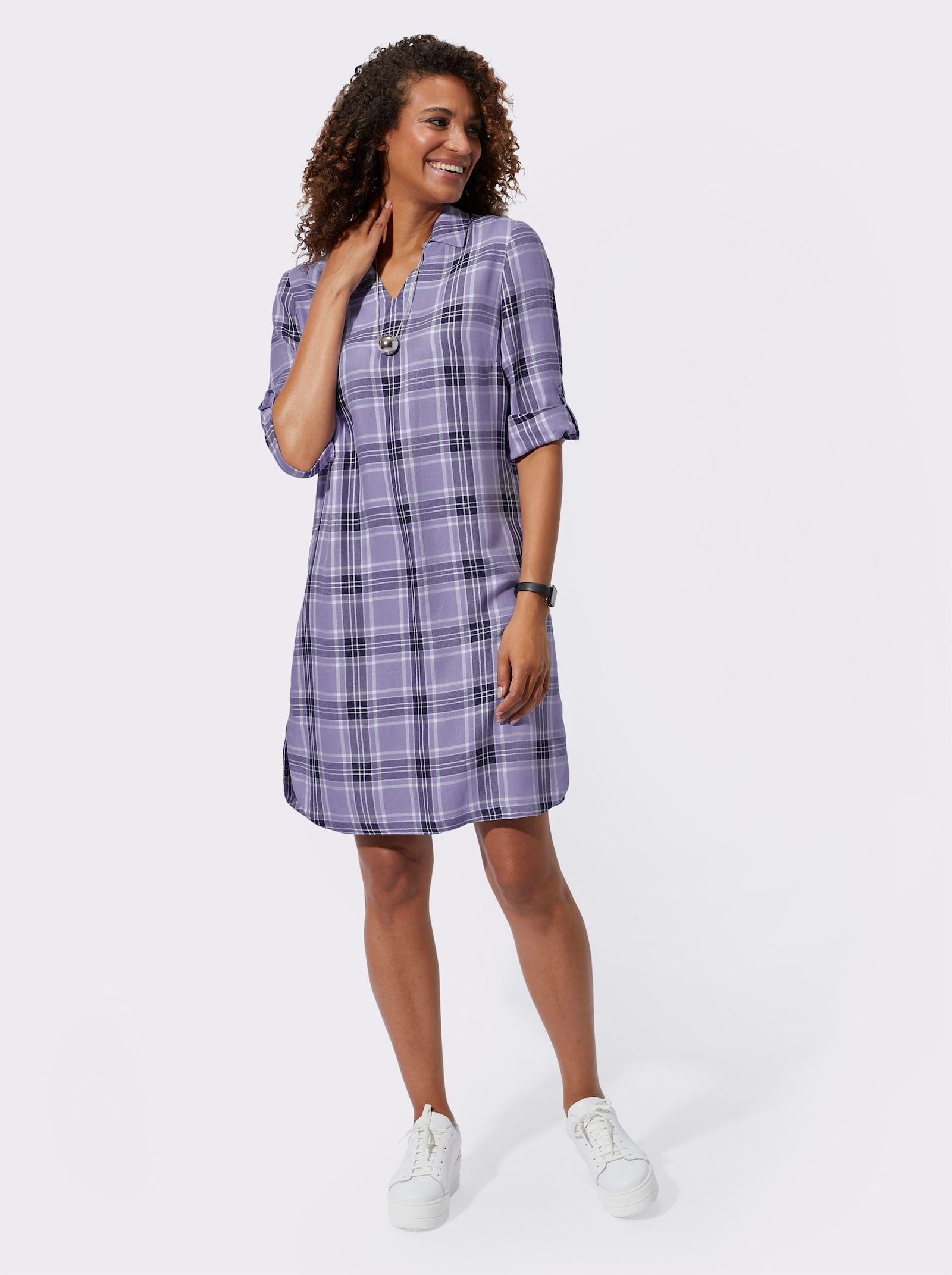 Geruite jurk met opstroopbare mouwen - lavendel/marine geruit