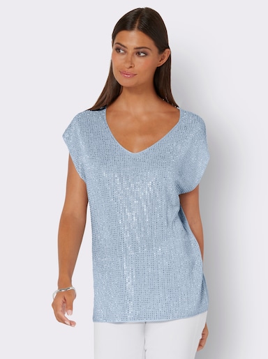 V-Ausschnitt-Pullover mit Glitzersteinchen - hellblau
