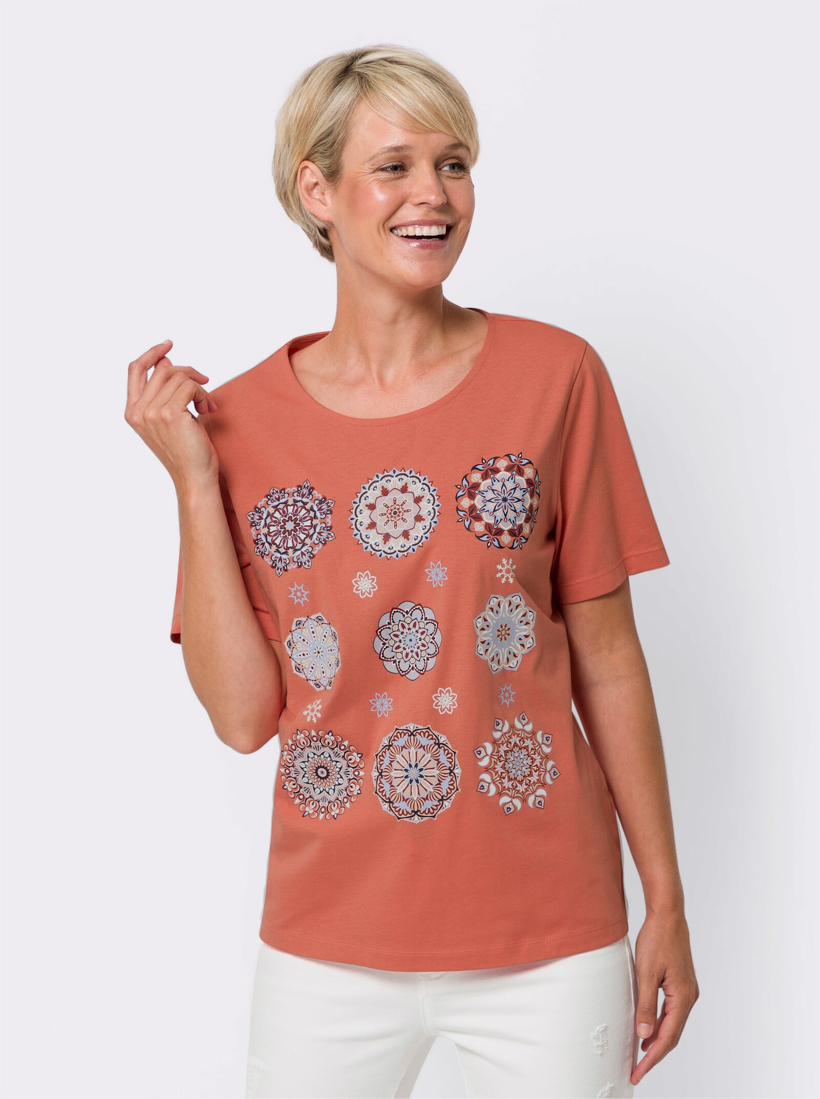 Kortärmad topp med mandalatryck - korall-isblå