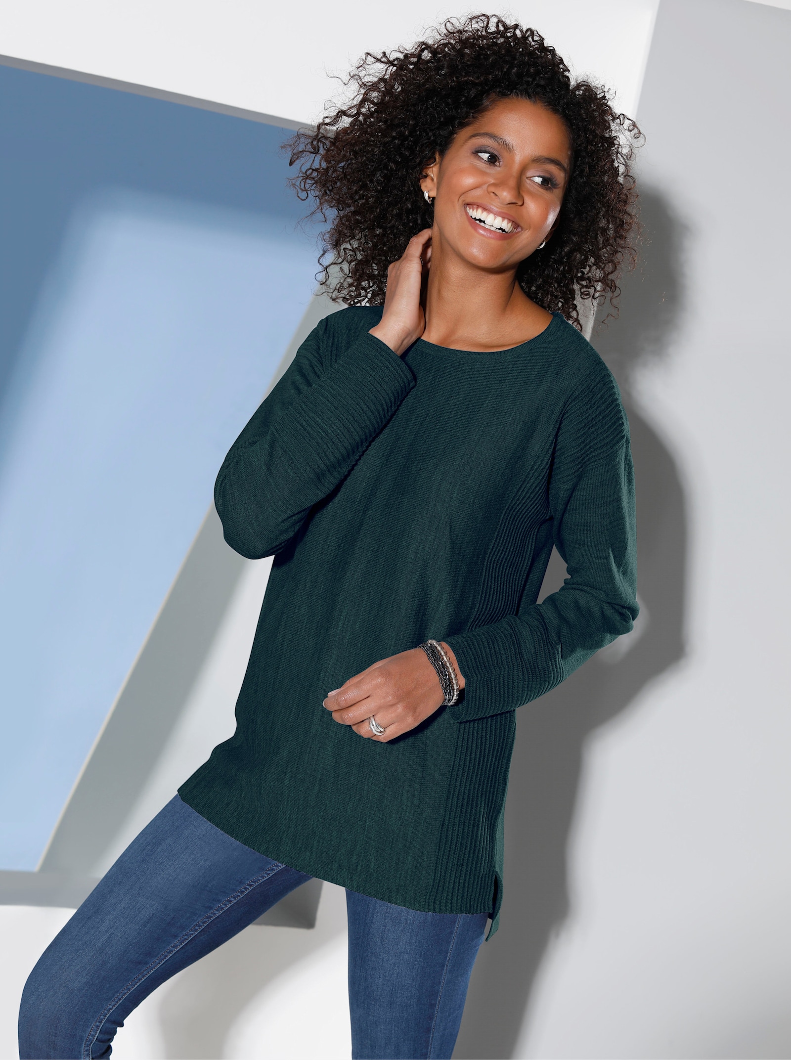 Pulóver, okr.výstr., reb. detaily - jedľová zelená