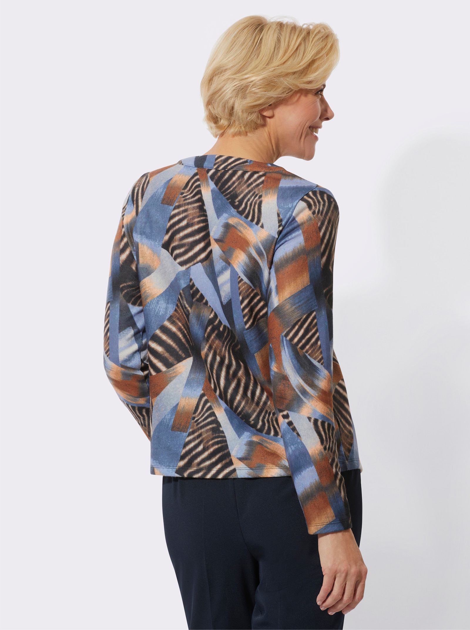 Langarmshirt mit Zierknöpfen - cognac-bleu-bedruckt