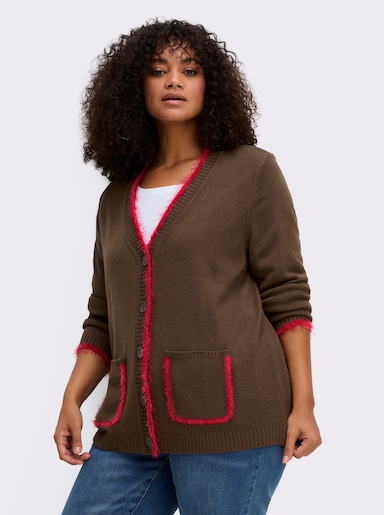 sheego Strickjacke mit Flauschgarn-Kanten - schoko-kirsche