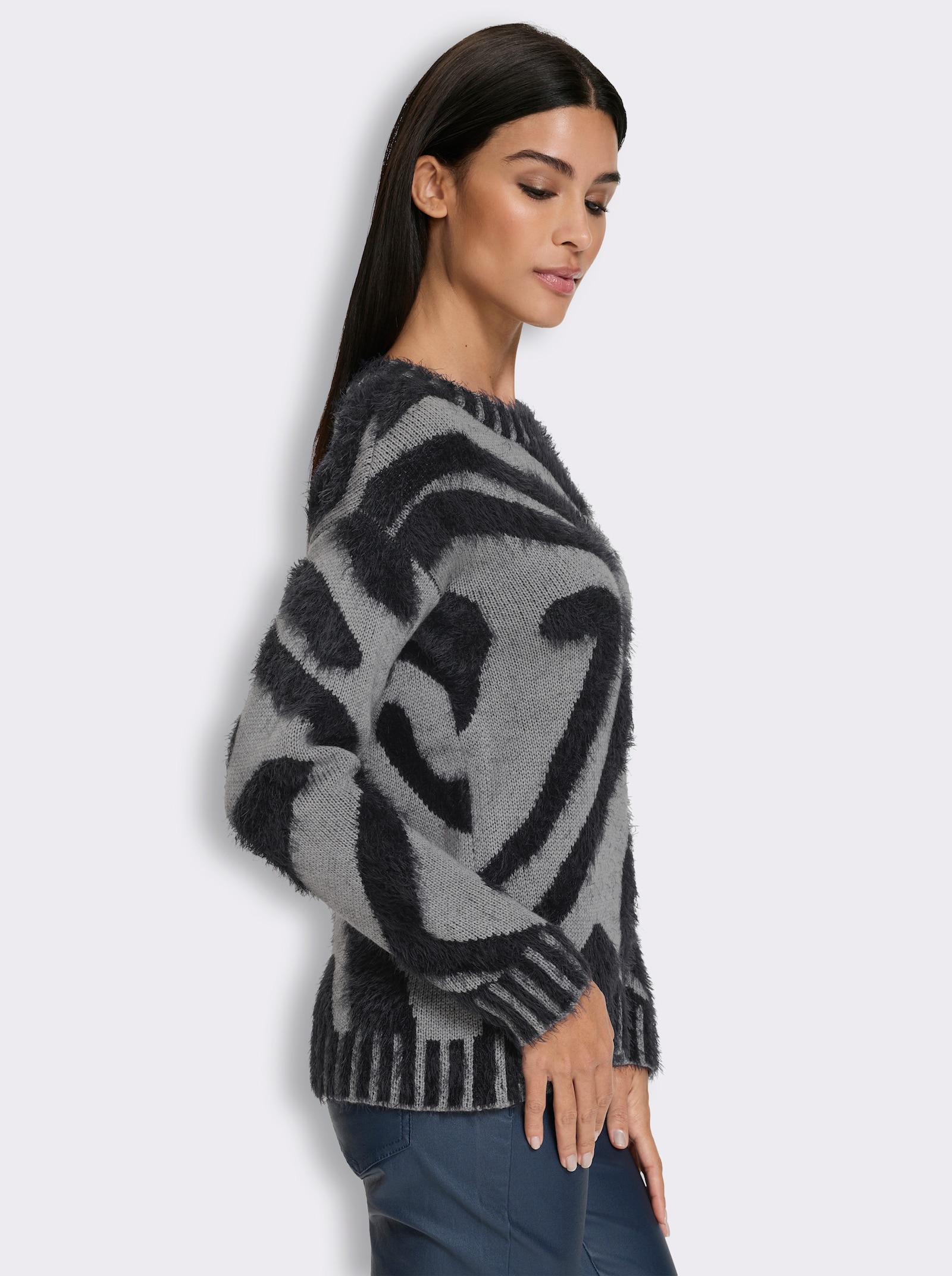 heine Jacquard-Pullover mit U-Boot-Ausschnitt - steingrau-schwarz-gemustert