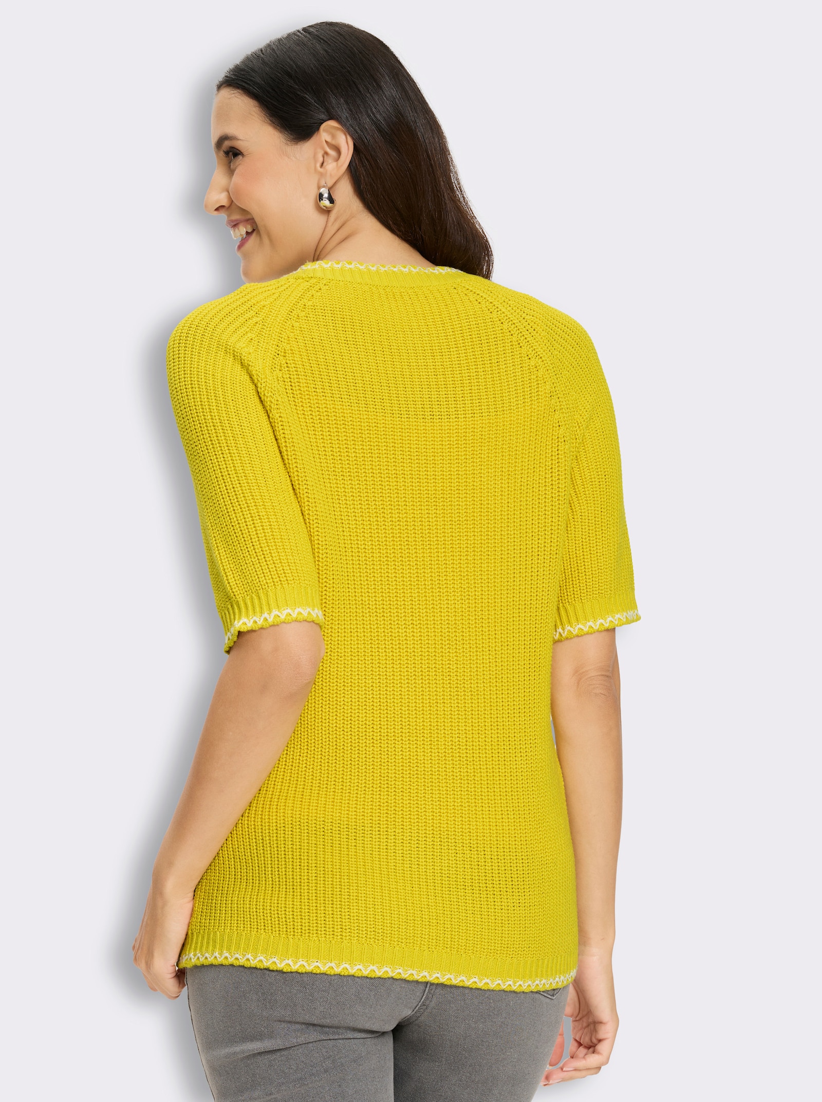 Kurzarmpullover mit Kontrast-Zierstichen - limone-ecru-gemustert
