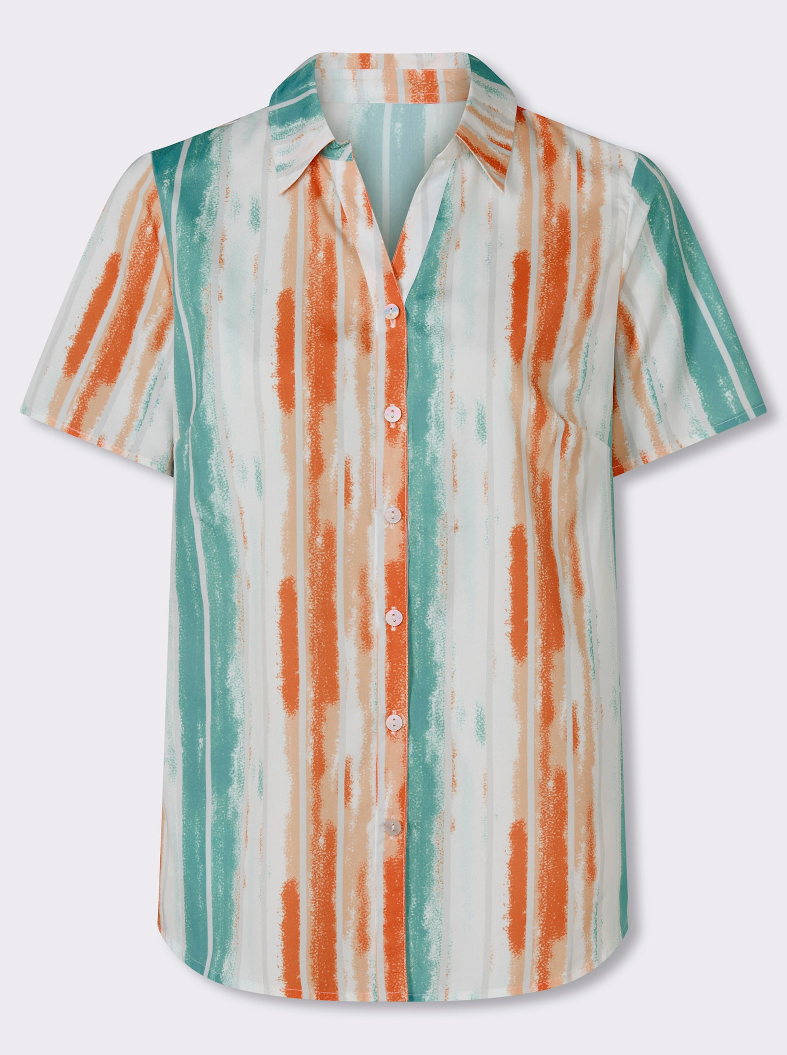 Blouse met korte mouwen en afgeronde zoom - apricot/oceaan bedrukt