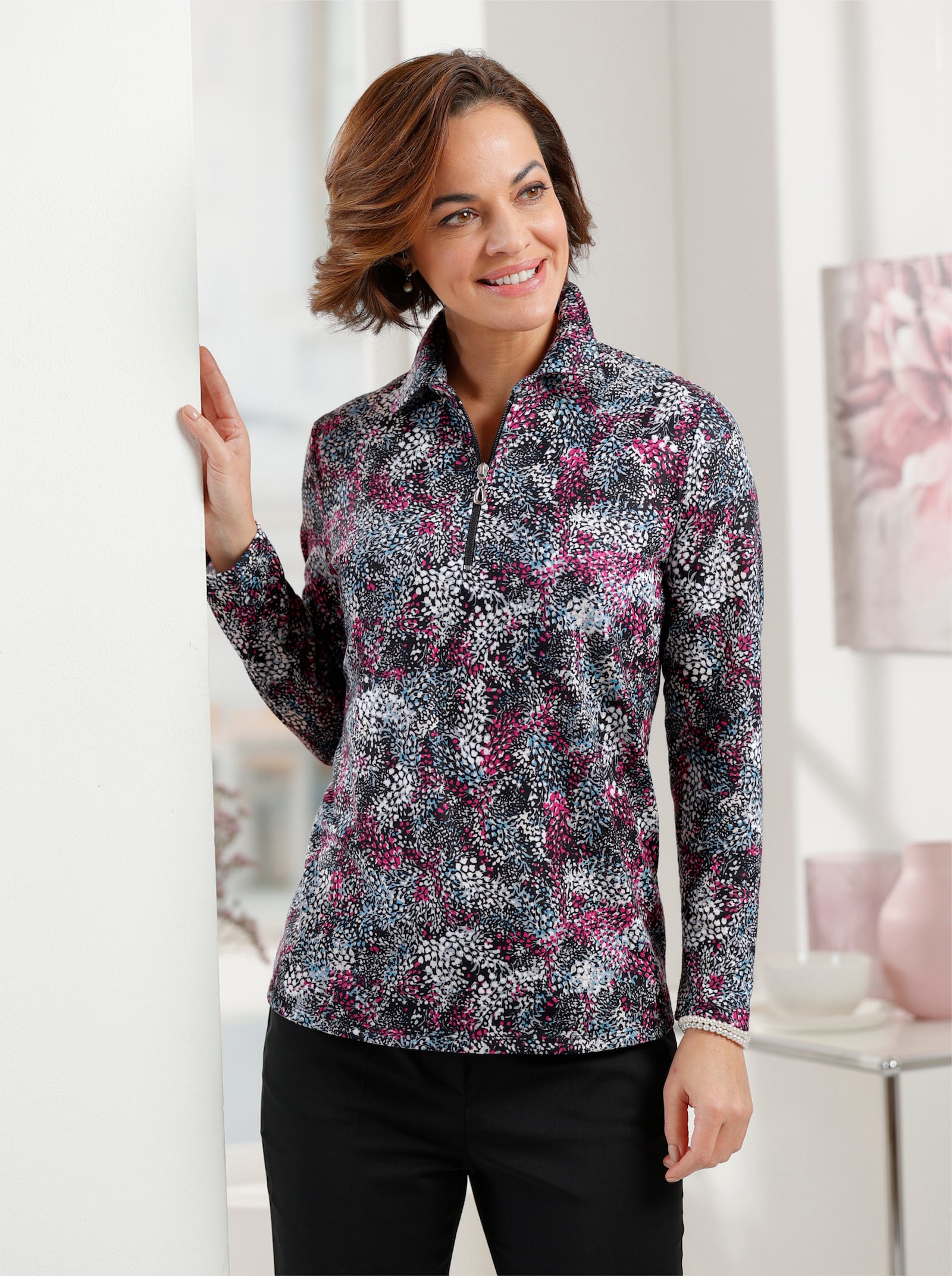 Poloshirt in Winter-Qualität - magenta-mittelblau-bedruckt