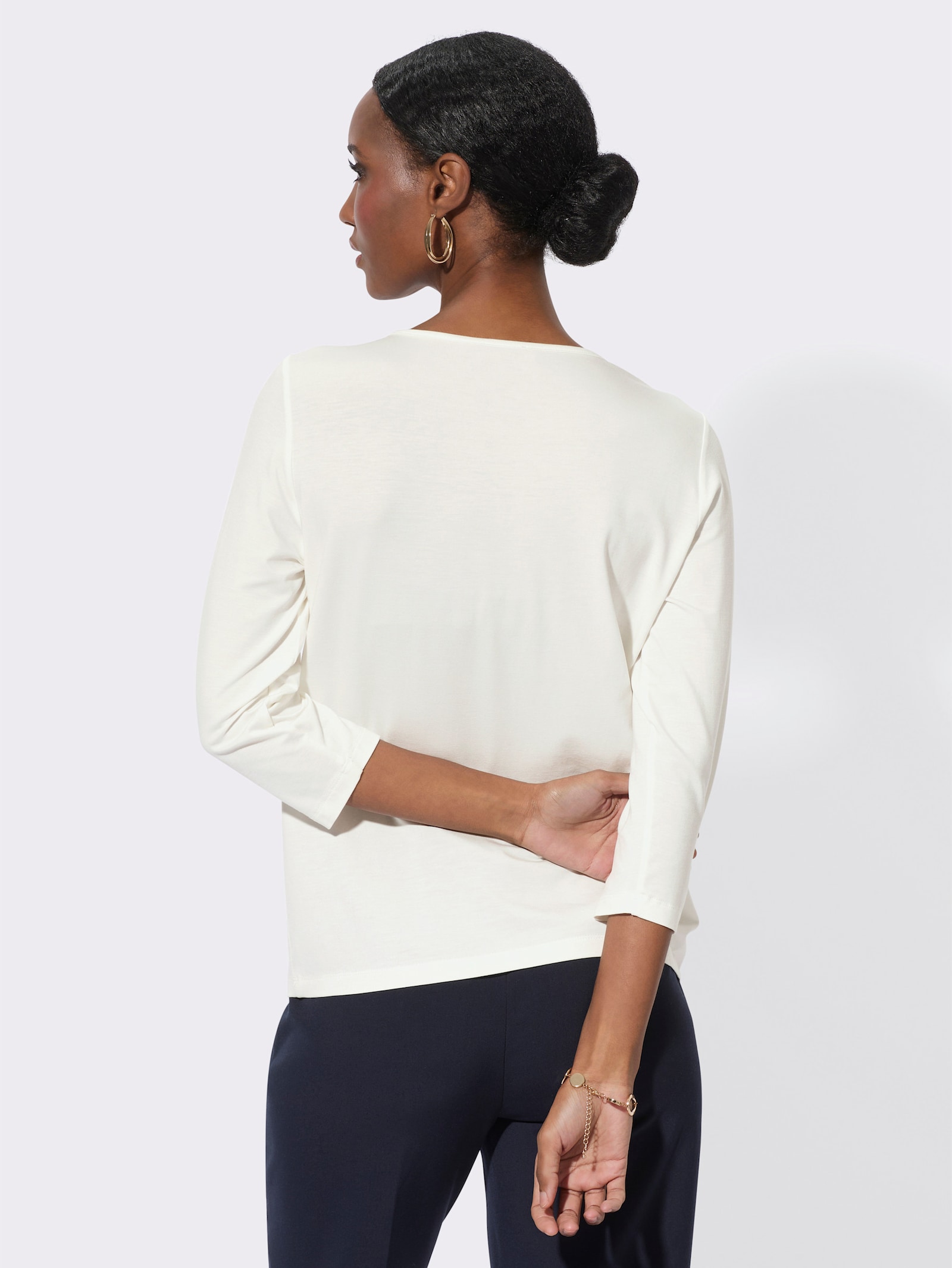 Shirt met 3/4-mouwen en mesh-inzet bij de hals - ecru