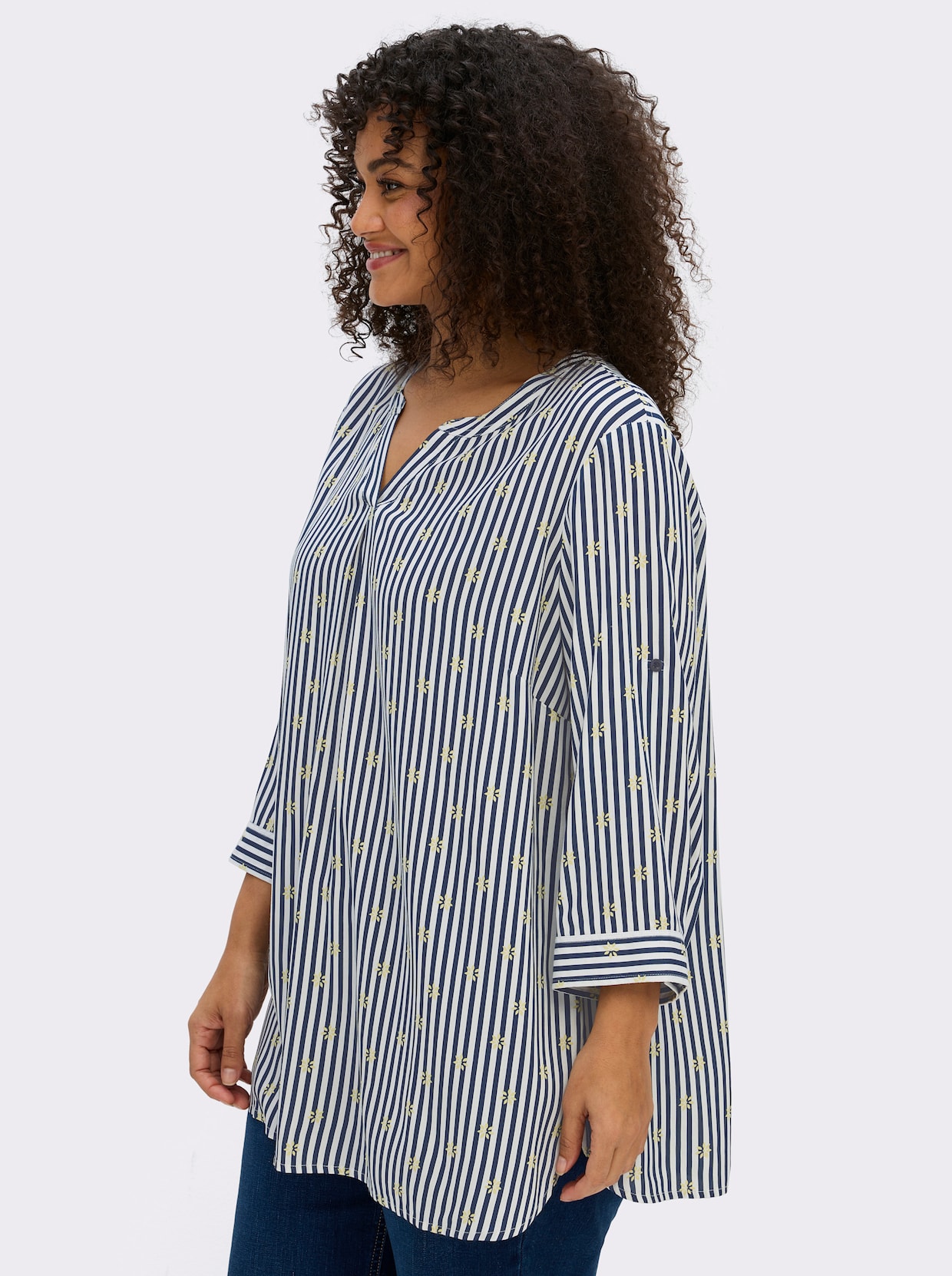sheego Tunika im Mustermix aus Streifen und Blüten - tiefblau-ecru-gestreift
