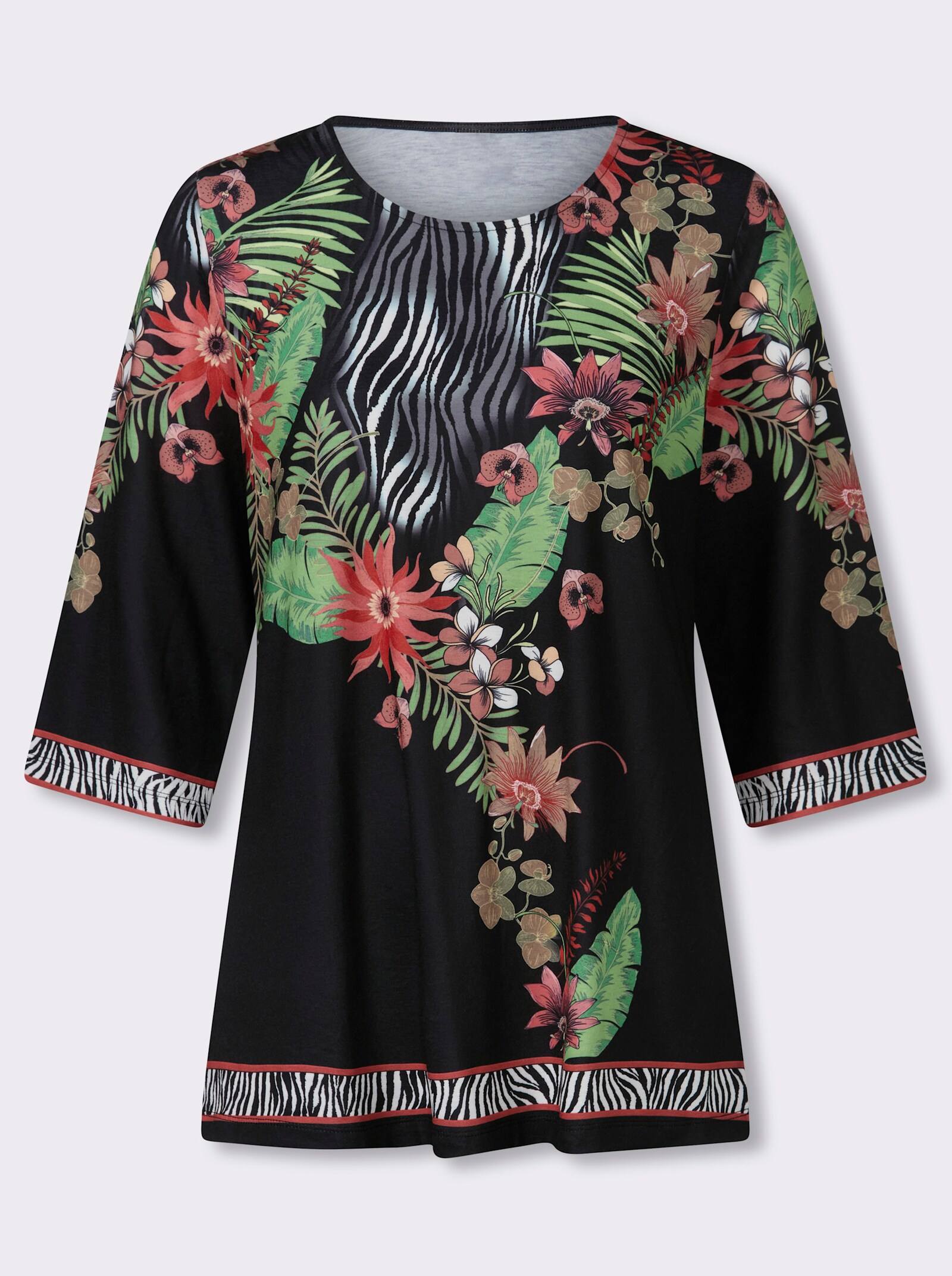 Tunikashirt mit Bordüren-Druck - schwarz-flamingo-bedruckt