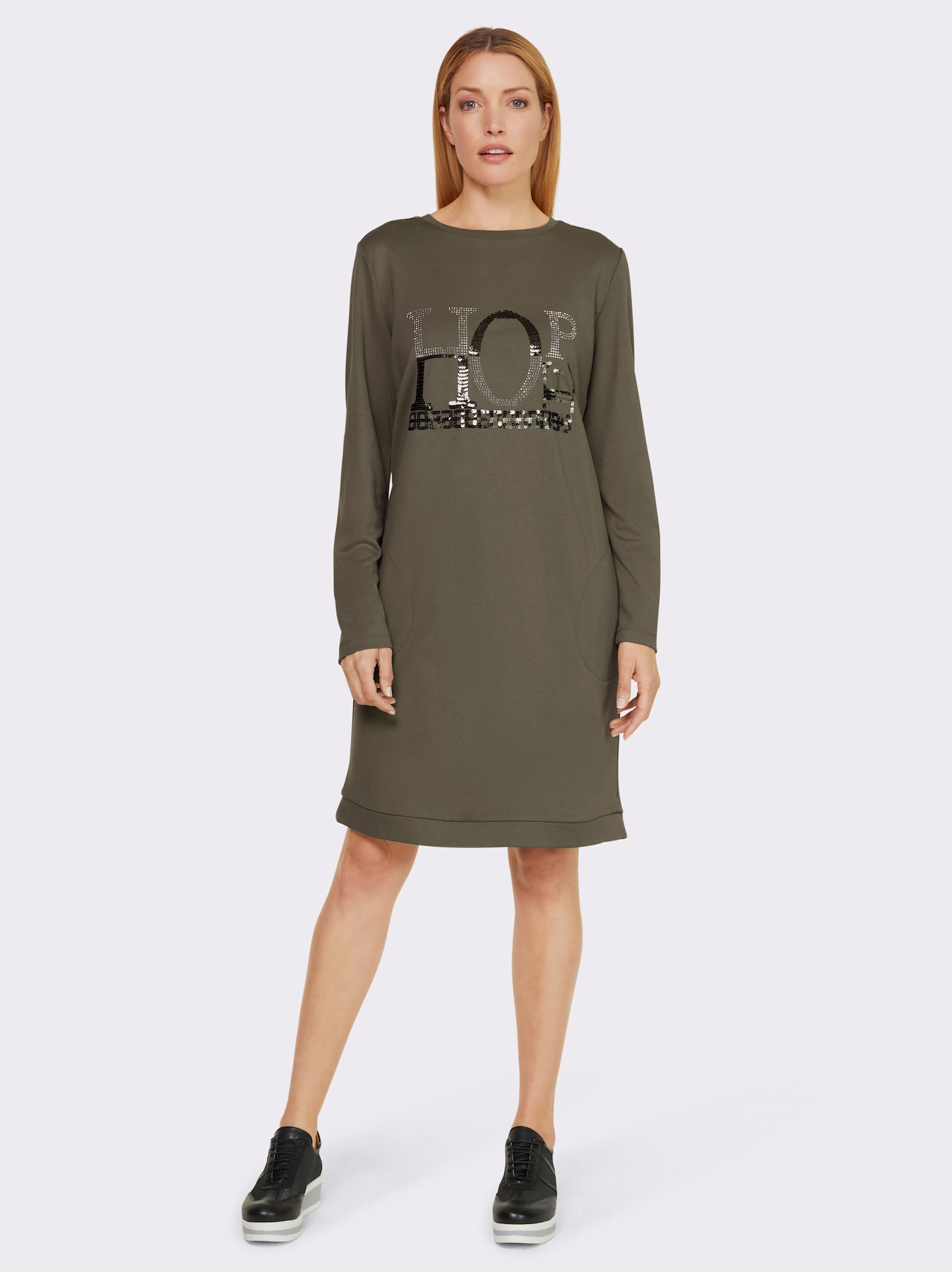 heine Gebreide jurk met pailletten en siersteentjes - kaki