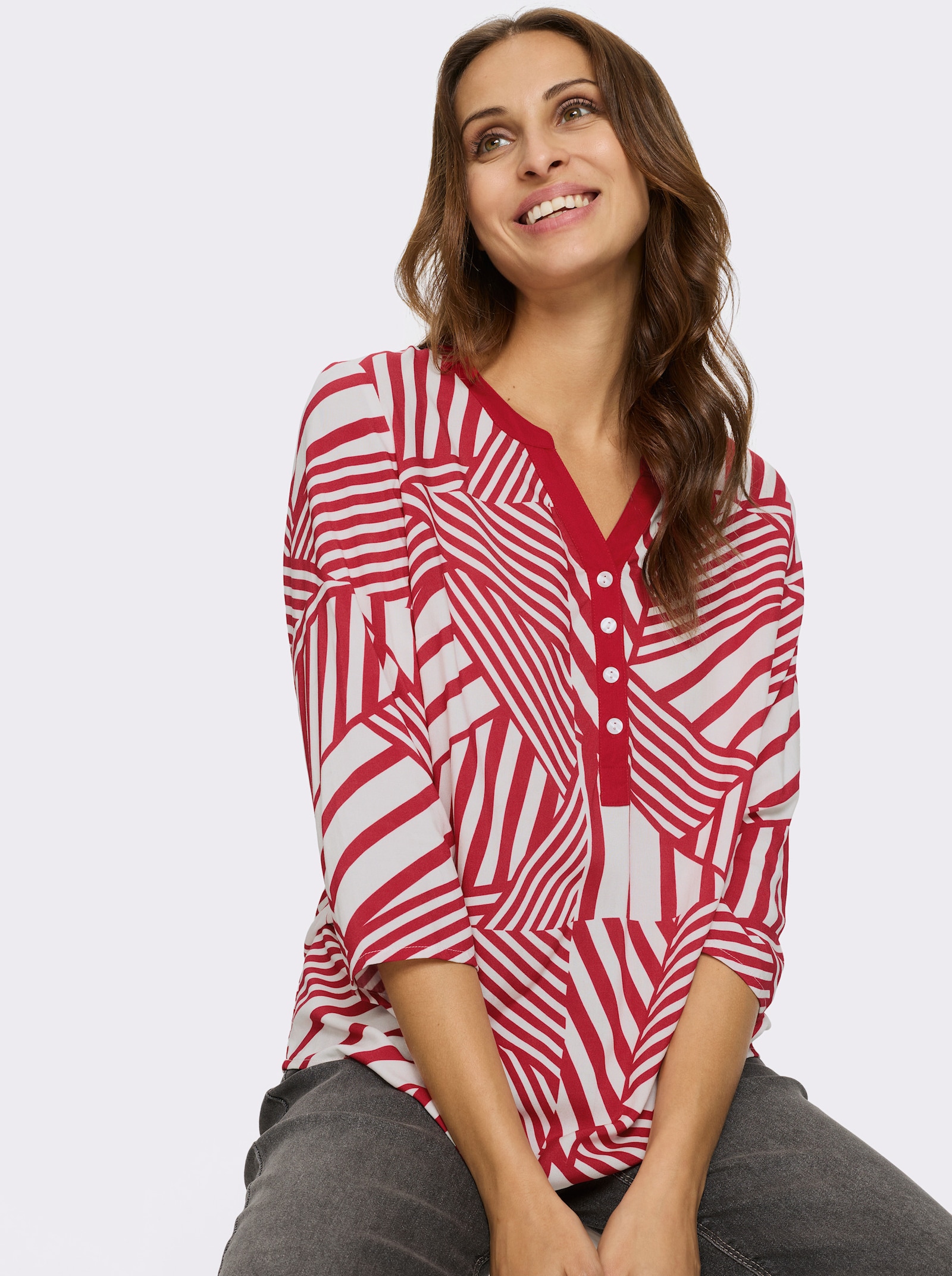 Comfortblouse met plooi achter - rood/wit geprint