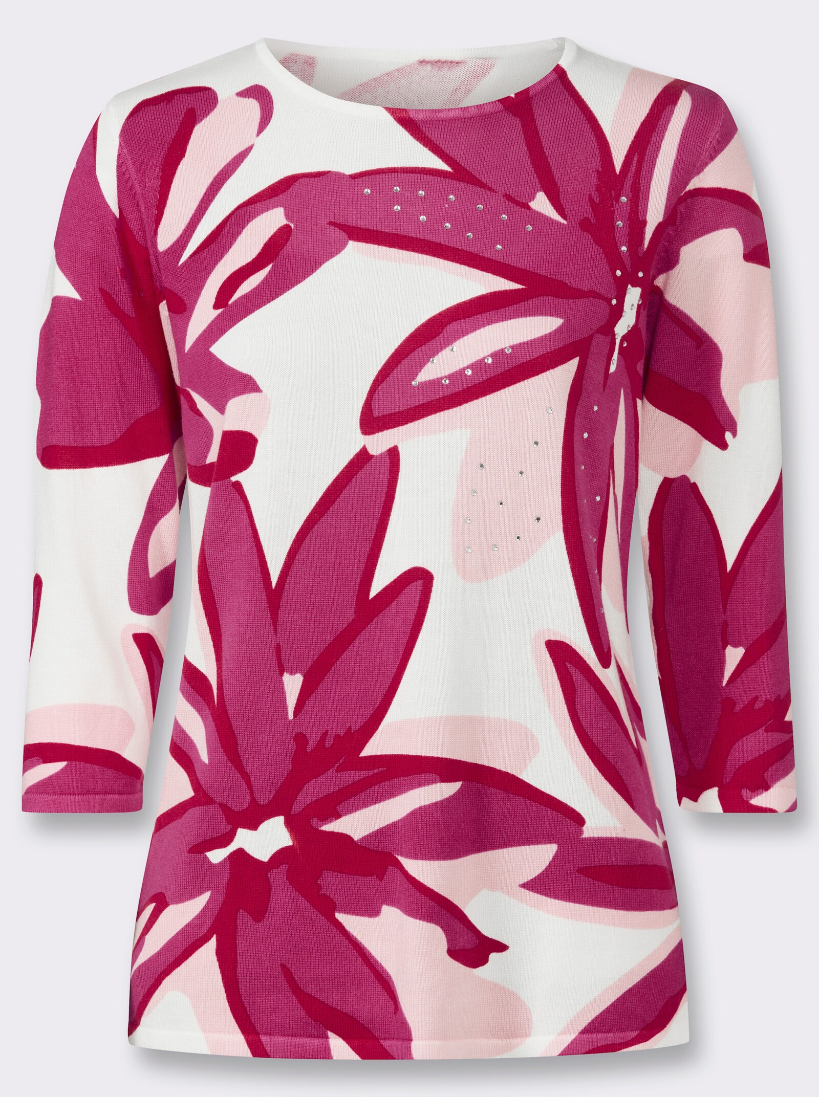 3/4-Arm-Pullover mit Glitzersteinchen - weiß-fuchsia-bedruckt
