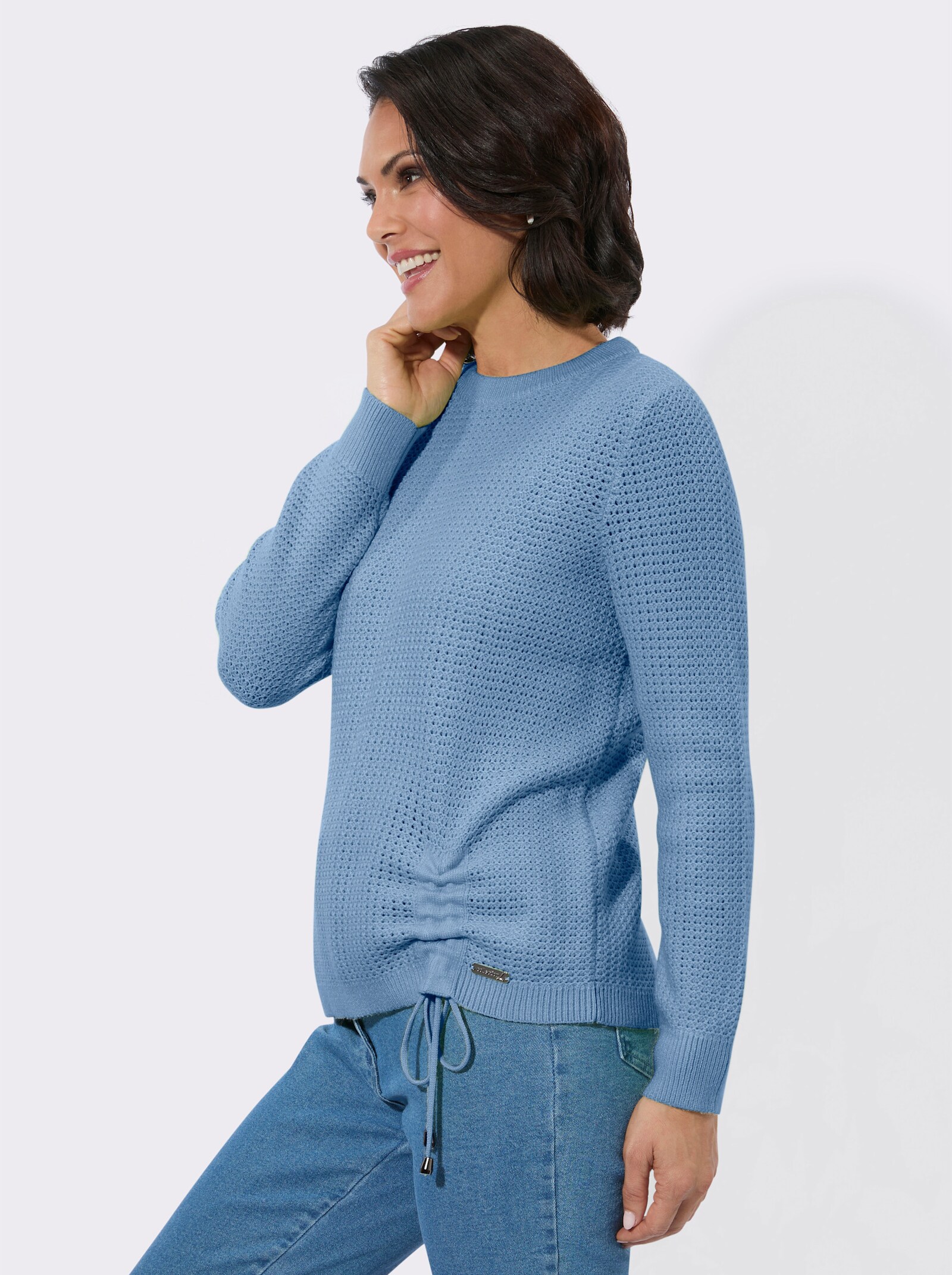 Rundhalspullover mit Schnürung am Saum - mittelblau