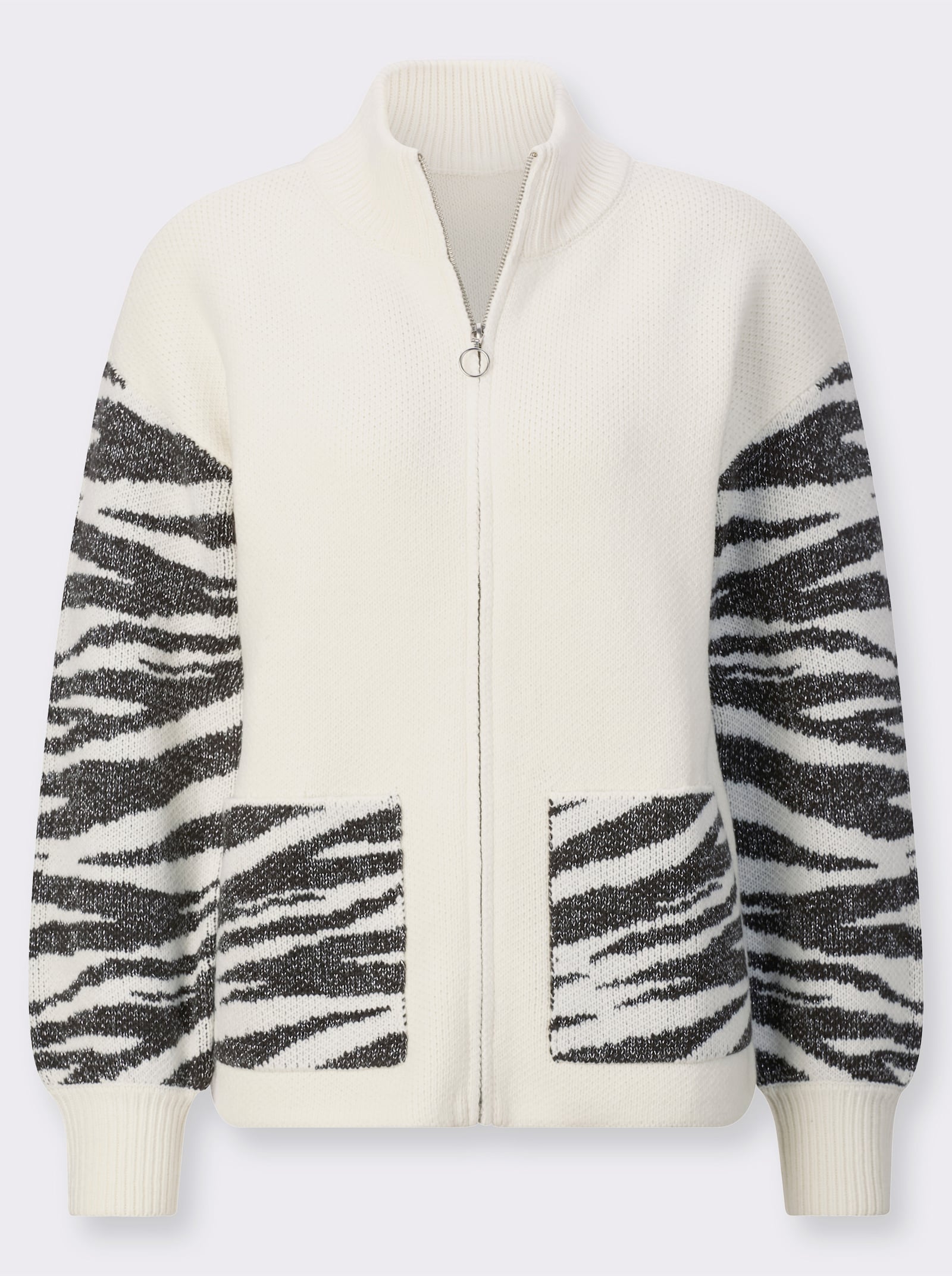 Jacquardstrickjacke mit Zebramuster - ecru-graphit-gemustert