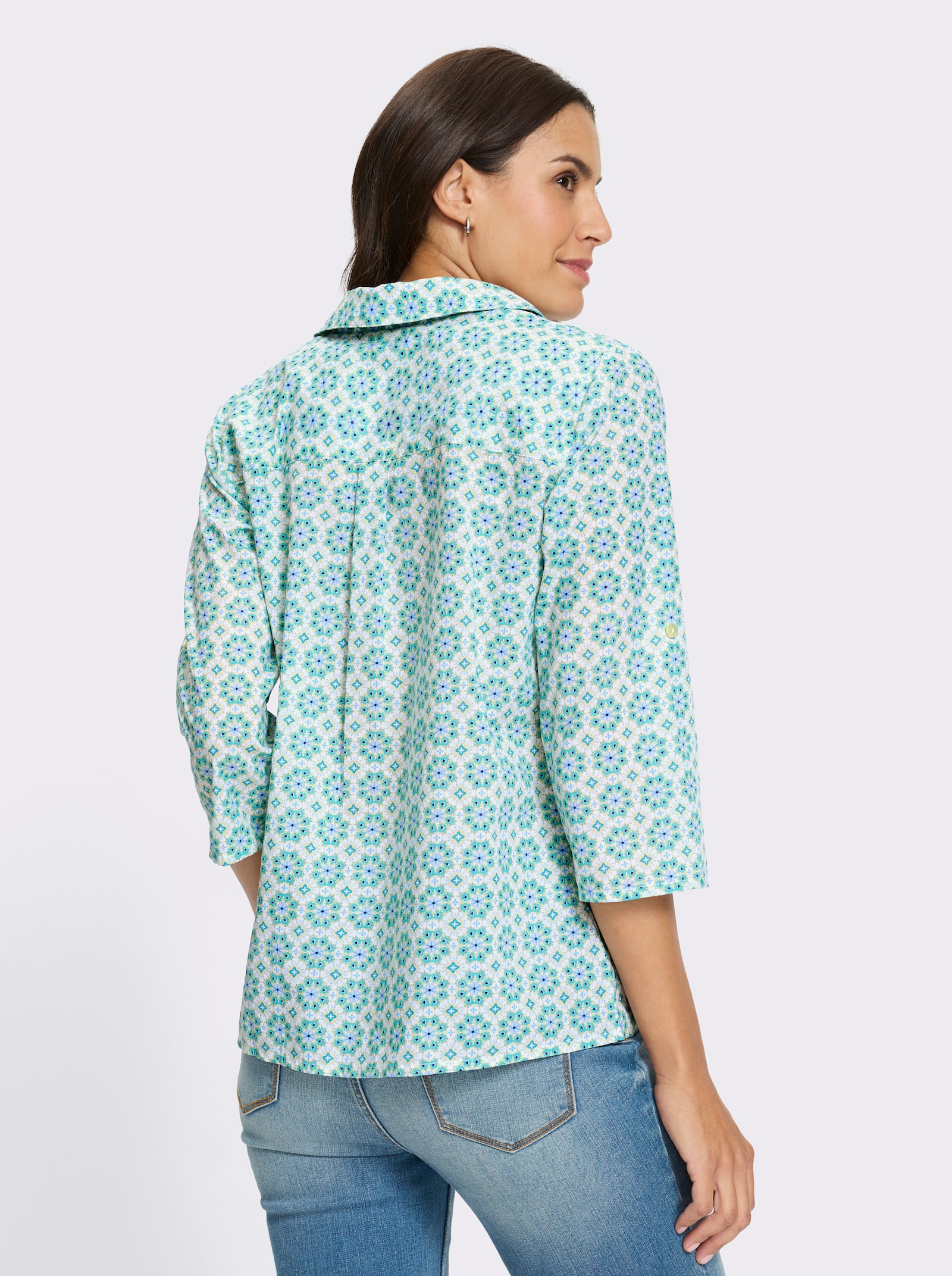 Druckbluse Falte hinten - weiss-pistazie-bedruckt