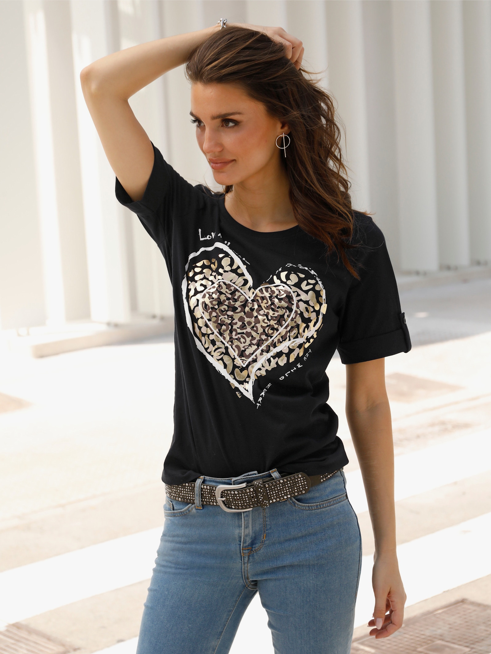 Kurzarmshirt mit Leo-Print - schwarz-goldfarben