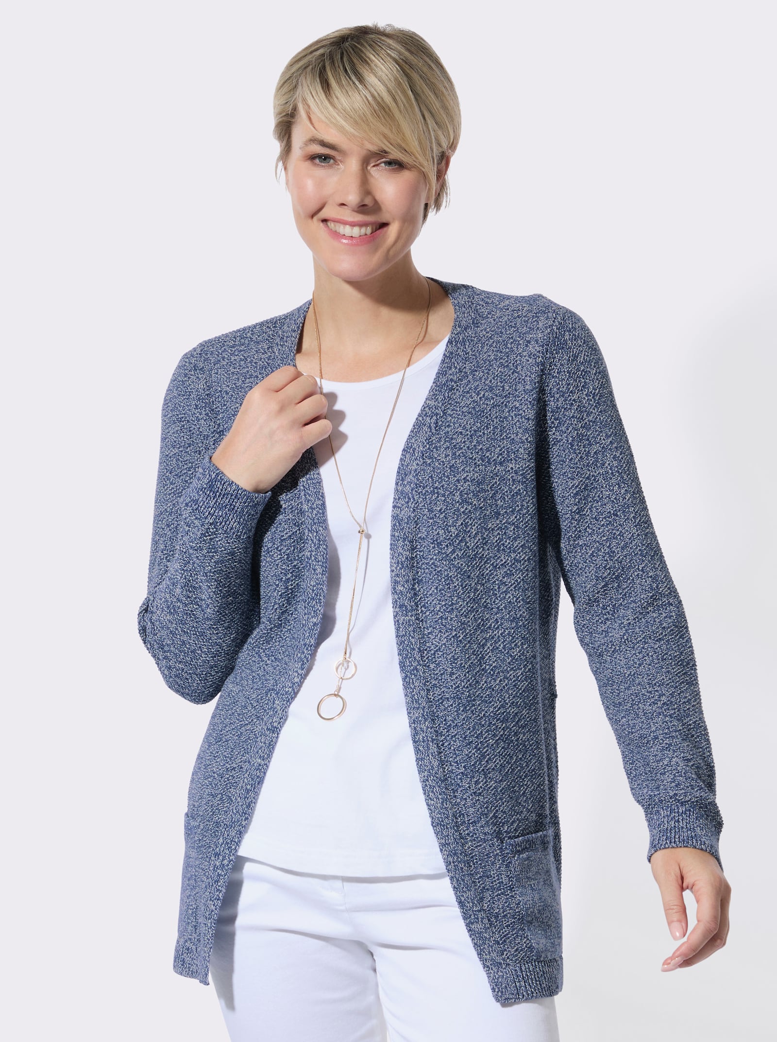 Strickjacke in verschlussloser Form - jeansblau-ecru-meliert