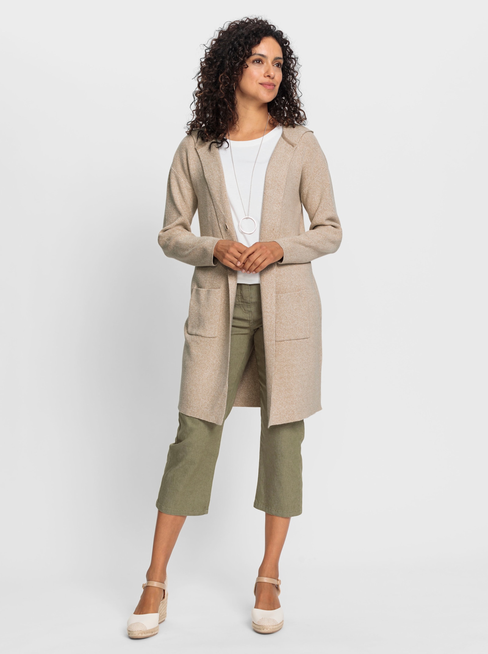 Longstrickjacke mit Kapuze - beige-meliert