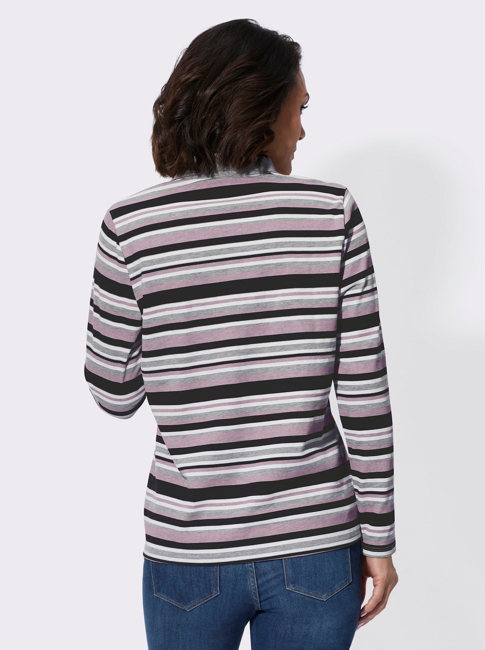 Shirt mit Troyerkragen, geringelt - rosé-schwarz-geringelt