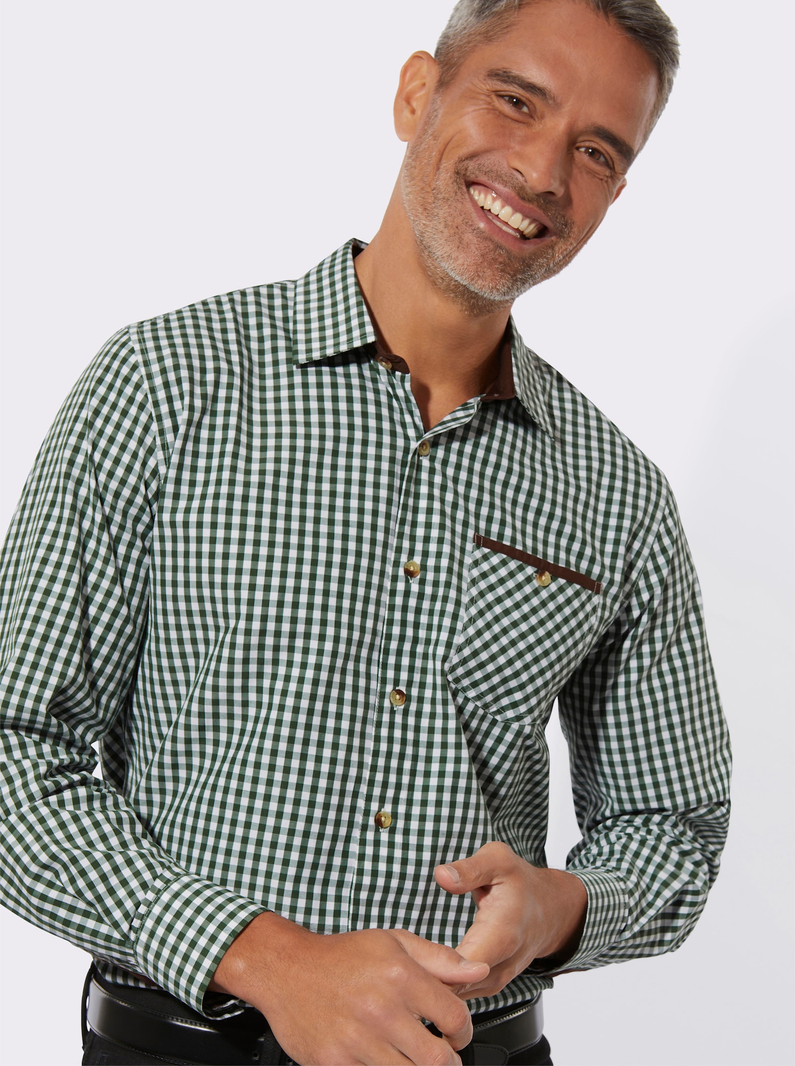 Karohemd mit Knöpfen in Horn-Optik - moos-kariert