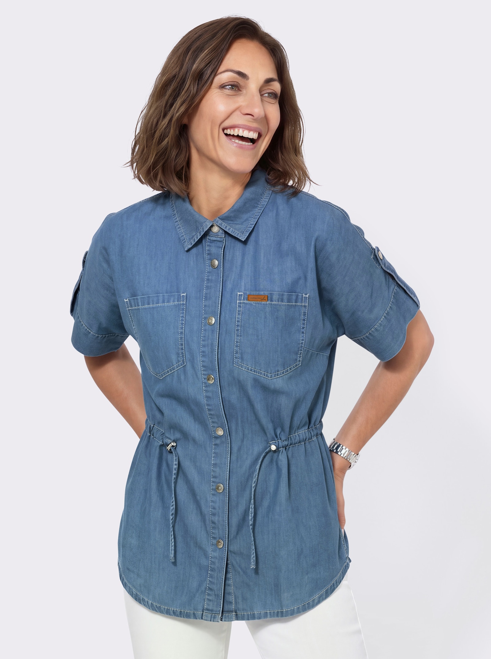 Jeansbluse mit regulierbarem Taillen-Kordelzug - blue-bleached