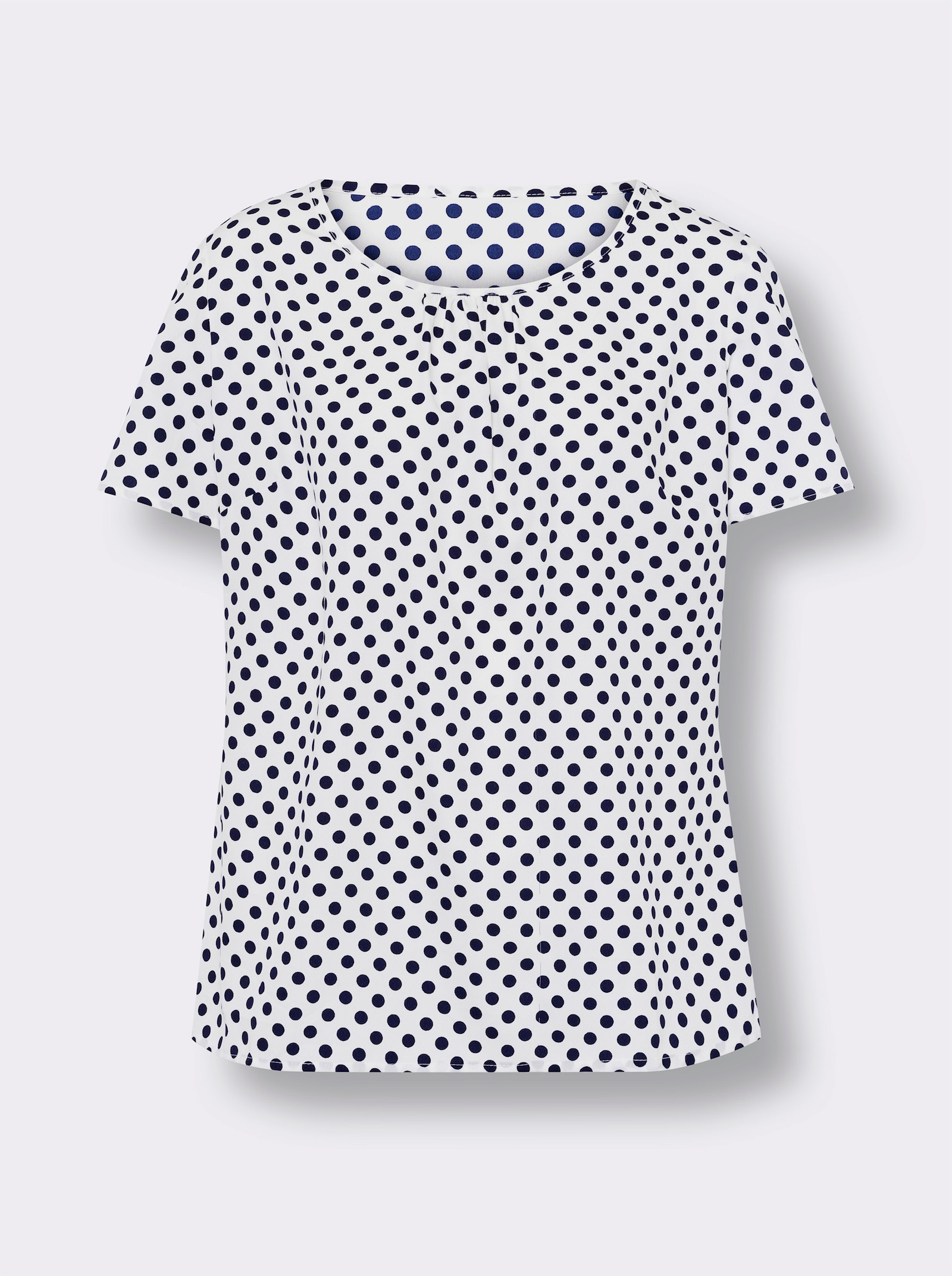 Bekväm blus med rynkning, prickig - ecru-marin, prickig