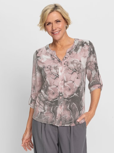 Jersey-Bluse mit Ärmelriegeln - rosé-steingrau-bedruckt