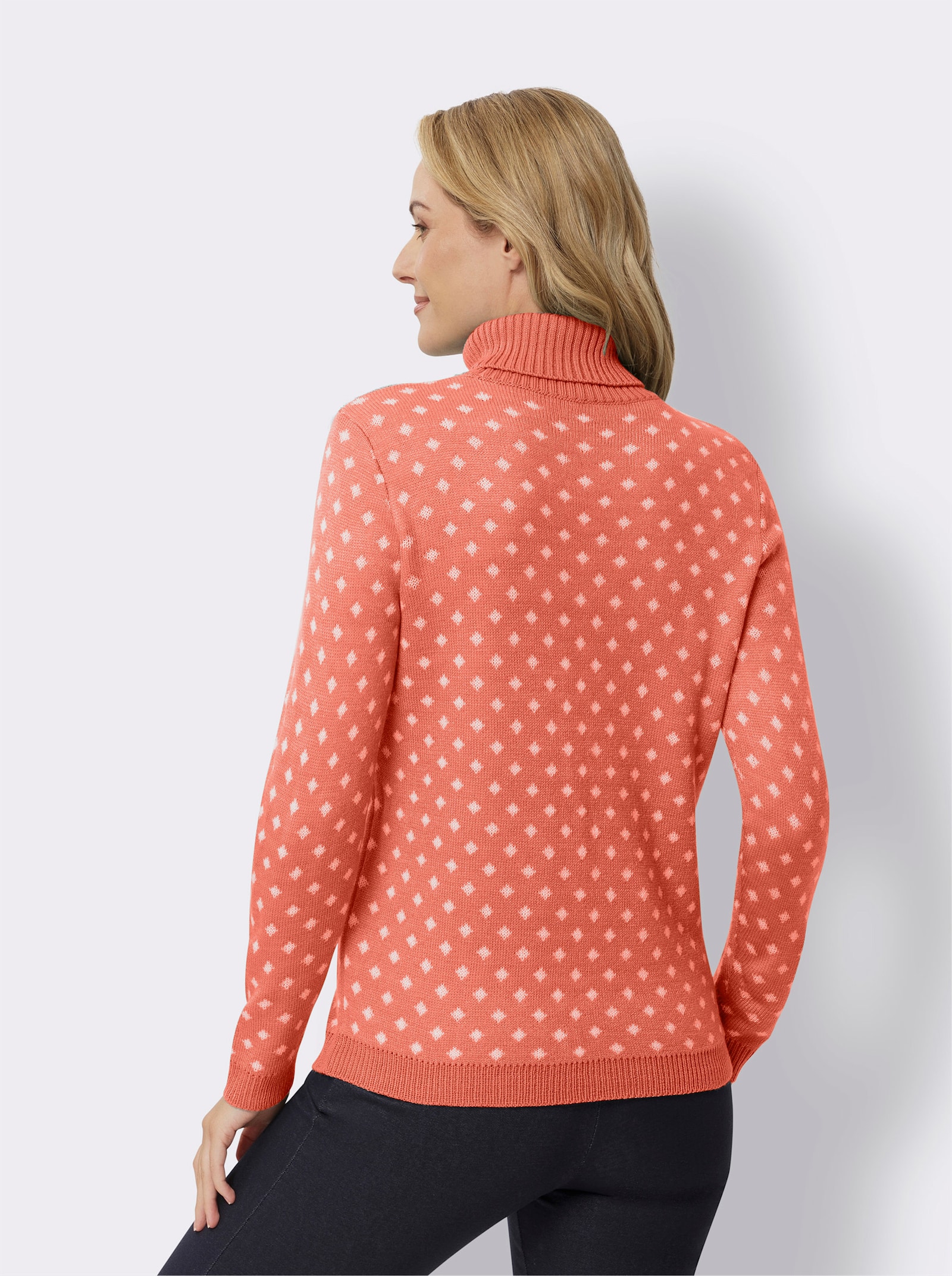 Pullover met rolkraag van jacquardtricot - grapefruit/wit gedessineerd