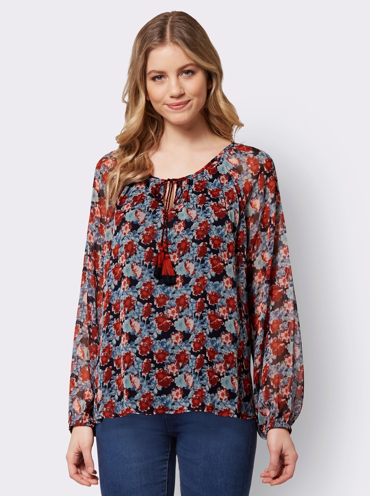 Crinklebluse - marine-rotbraun-bedruckt