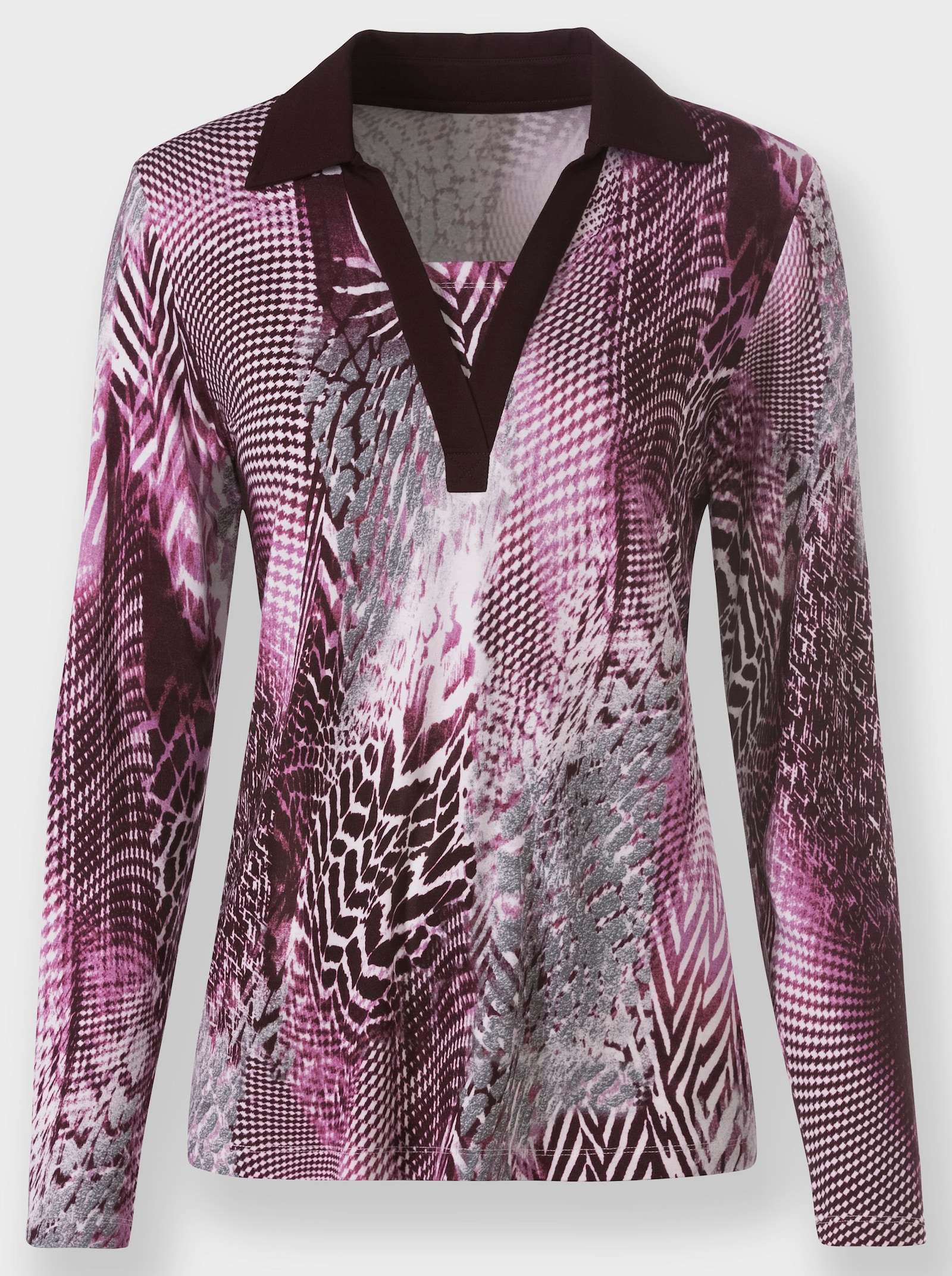 Langarmshirt mit Einsatz am V-Ausschnitt - burgund-steingrau-bedruckt