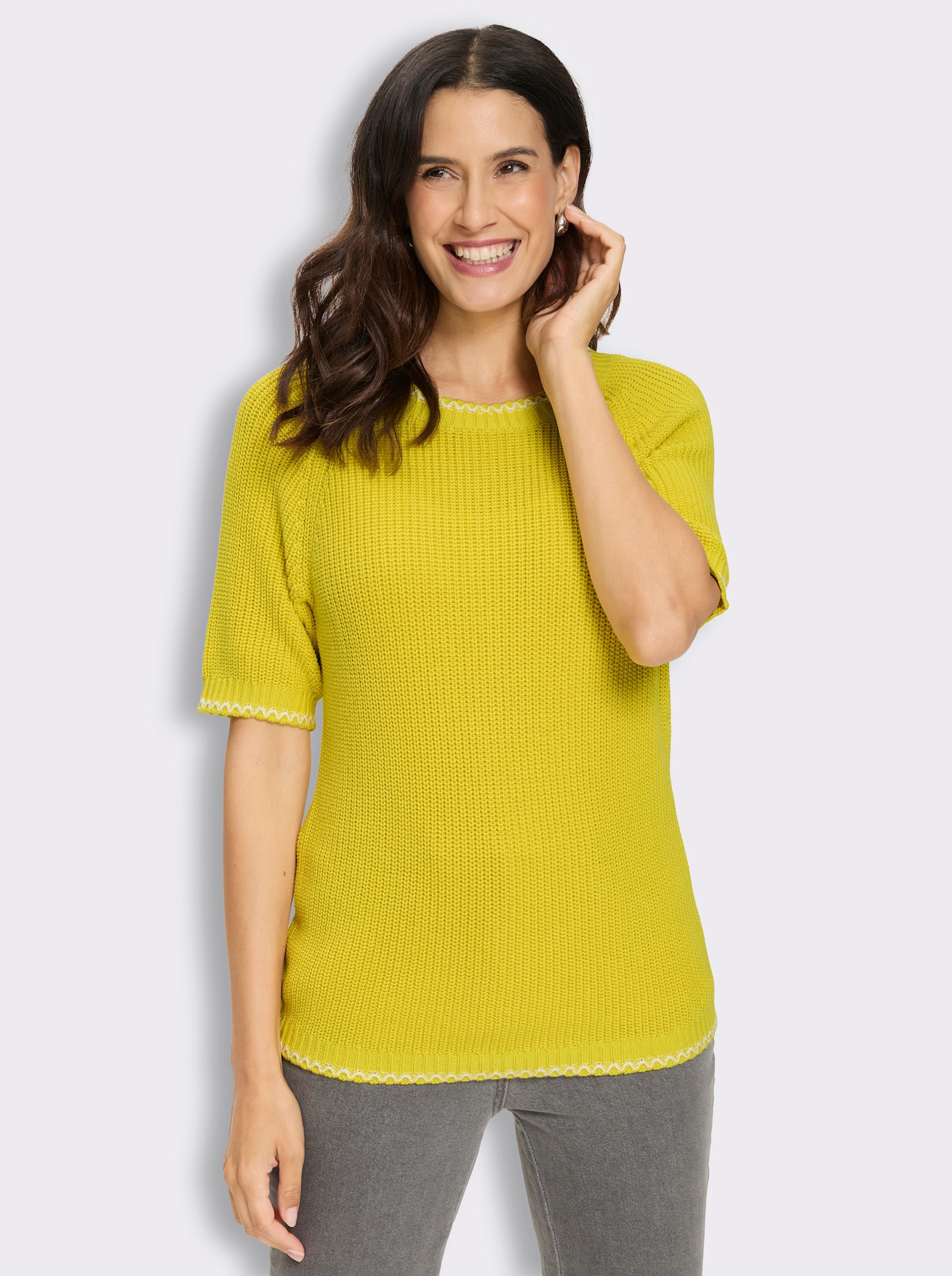 Kurzarmpullover mit Kontrast-Zierstichen - limone-ecru-gemustert
