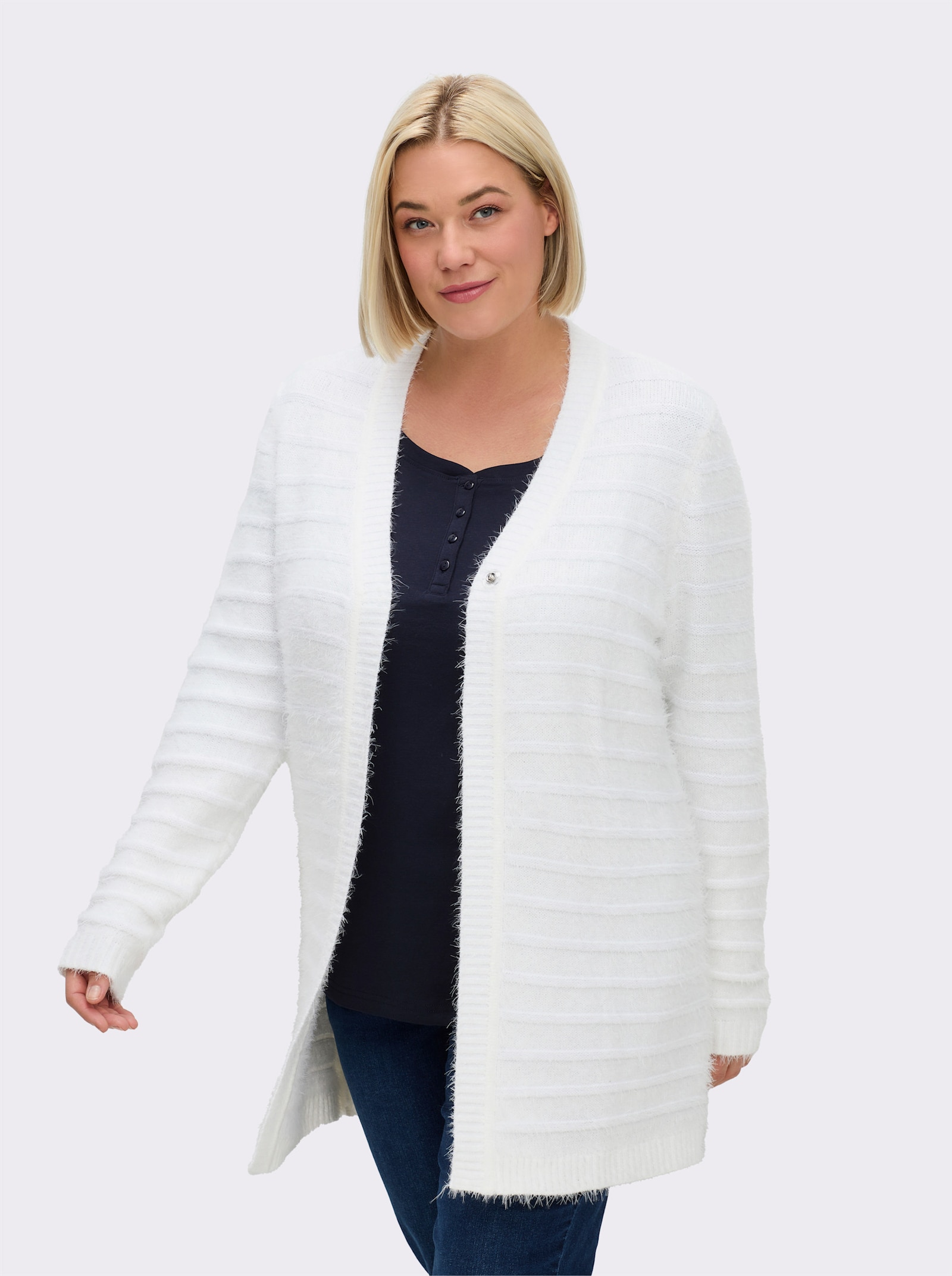 sheego Strickjacke in langer Form mit Druckknopf - ecru